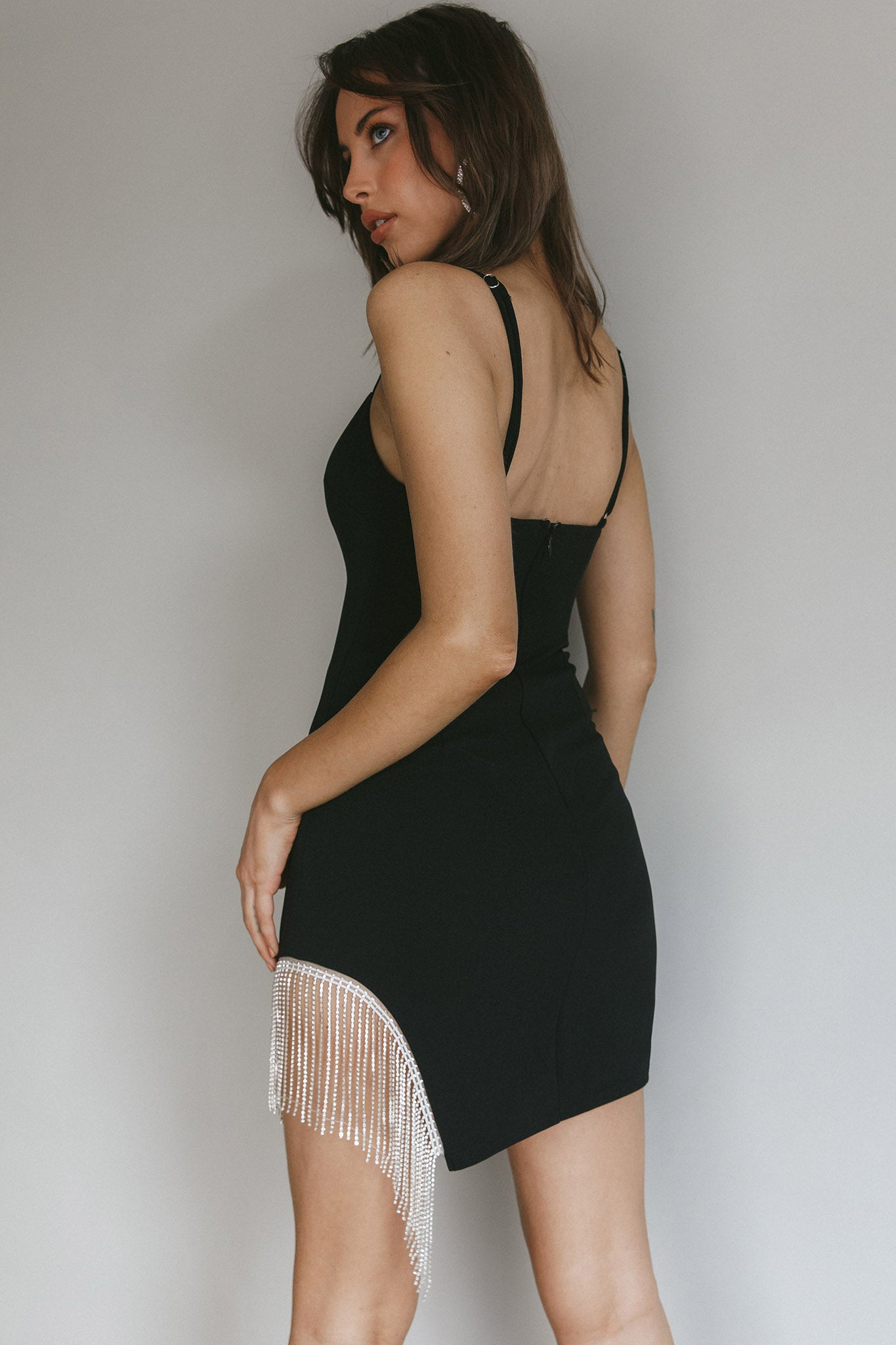 Call On Me Diamante Fringe Mini Dress Black by Selfie Leslie