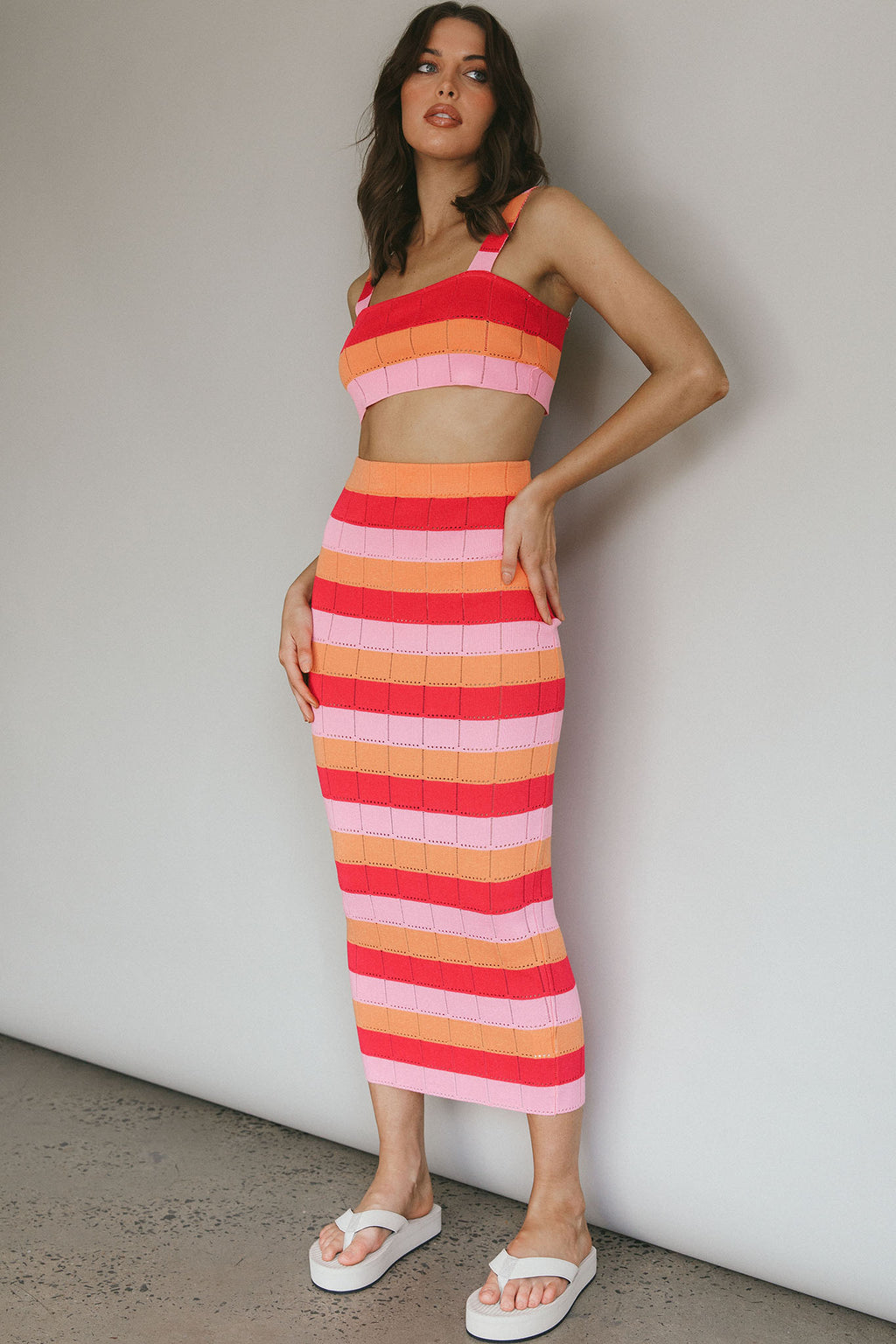 Chase The Sunrise Knit Maxi Skirt Striped Pink by Selfie Leslie