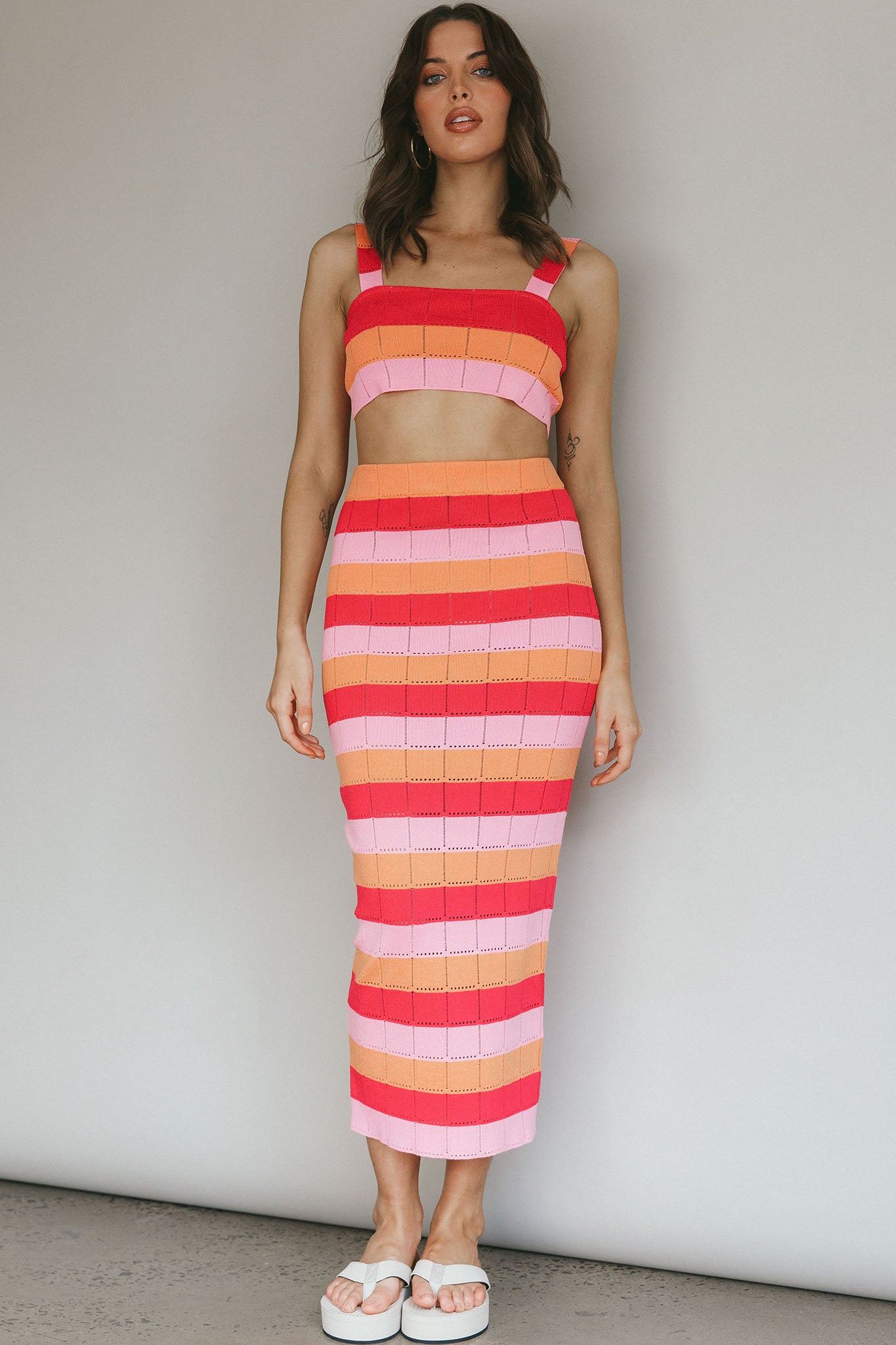 Chase The Sunrise Knit Maxi Skirt Striped Pink by Selfie Leslie