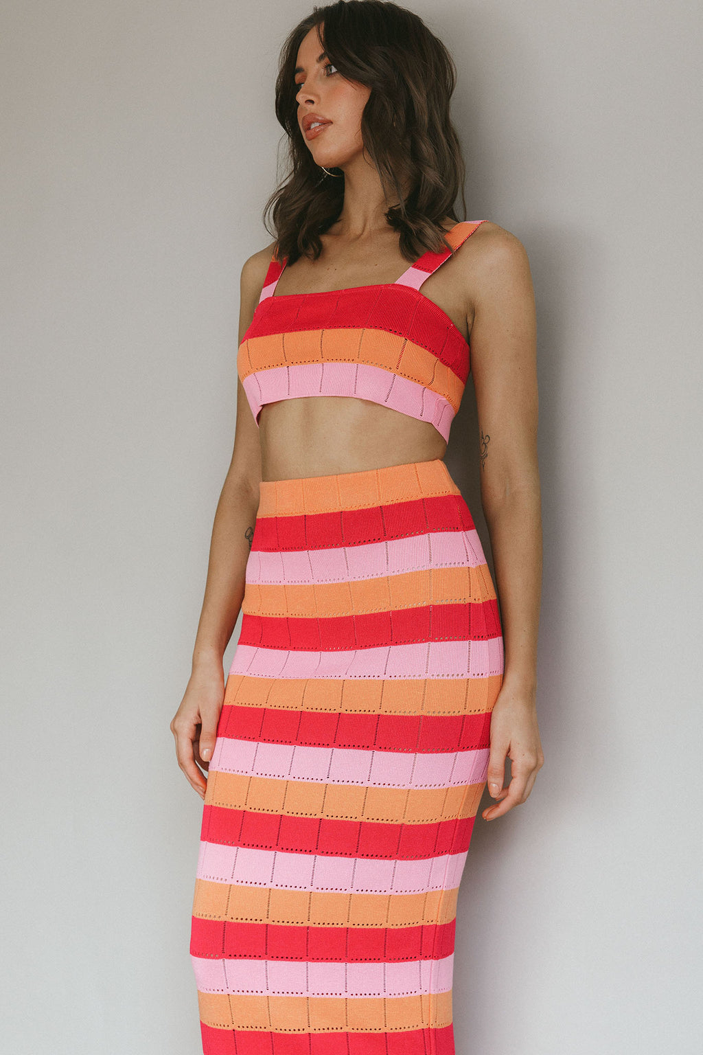 Chase The Sunrise Knit Crop Top Striped Pink by Selfie Leslie