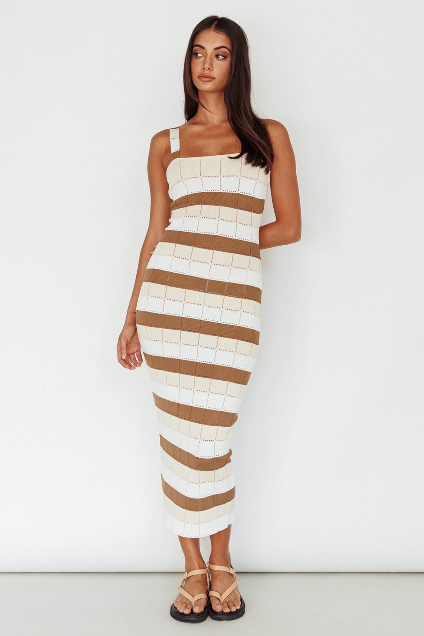 Chase The Sunrise Knit Midi Dress Striped Chocolate/White by Selfie Leslie