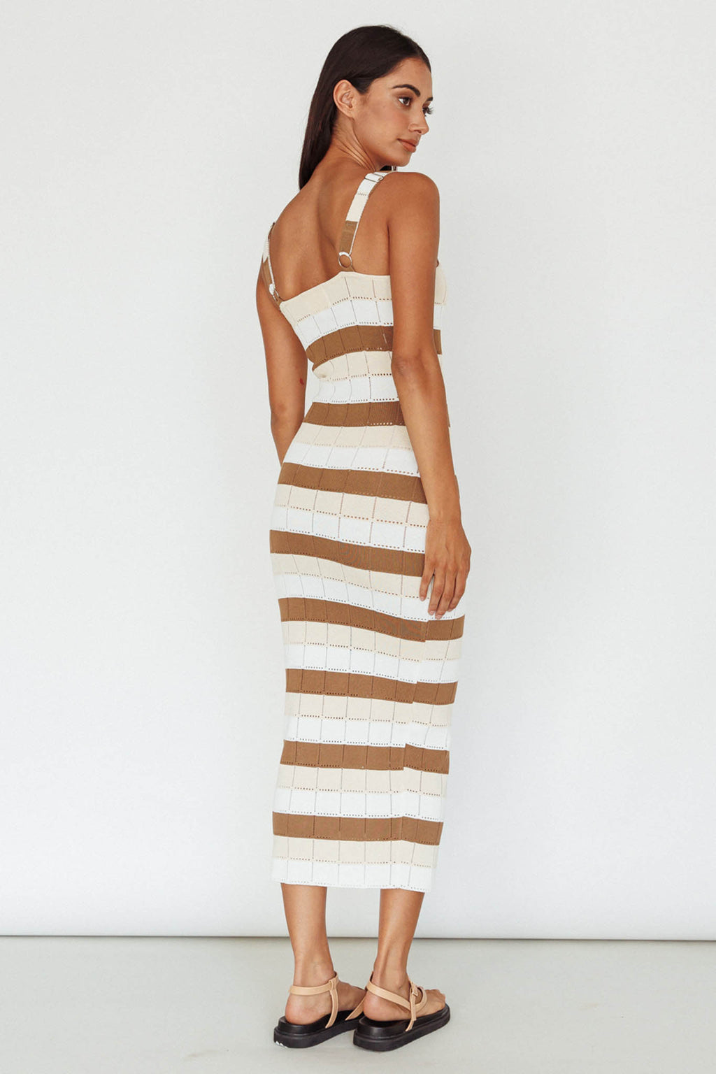 Chase The Sunrise Knit Midi Dress Striped Chocolate/White by Selfie Leslie
