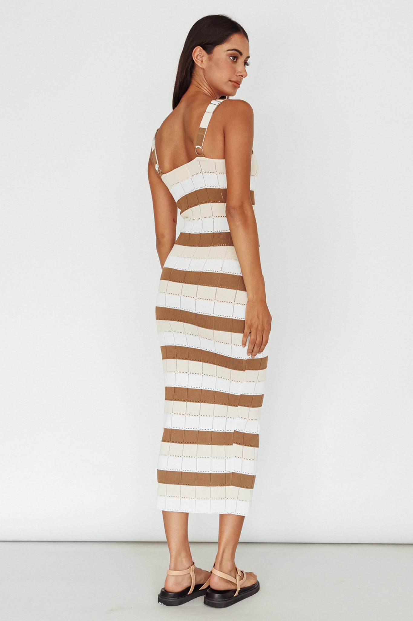 Chase The Sunrise Knit Midi Dress Striped Chocolate/White by Selfie Leslie