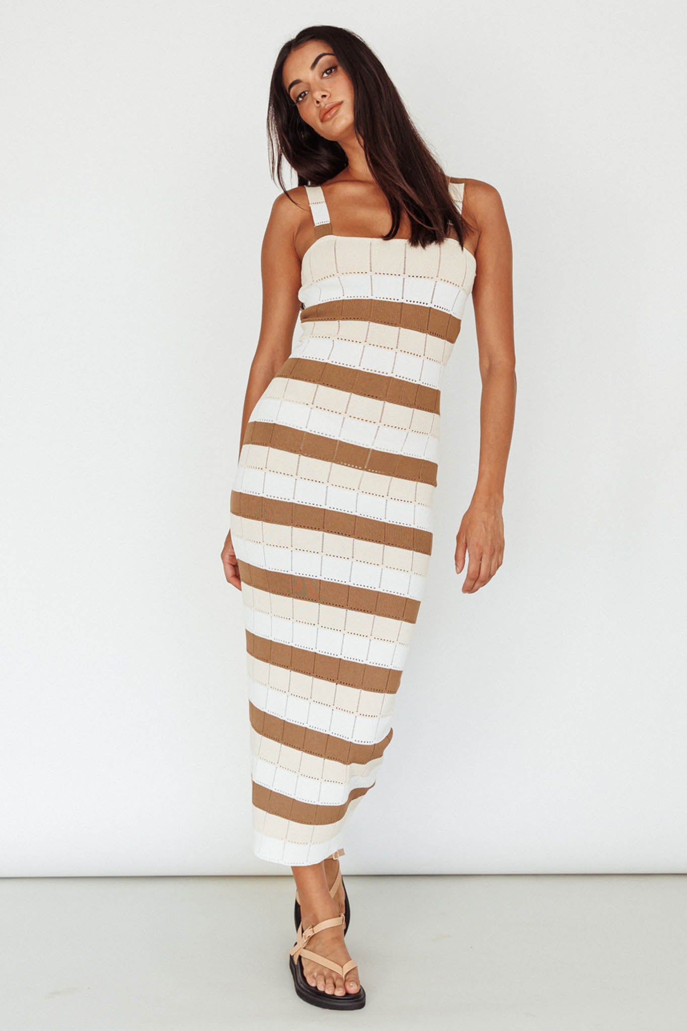 Chase The Sunrise Knit Midi Dress Striped Chocolate/White by Selfie Leslie