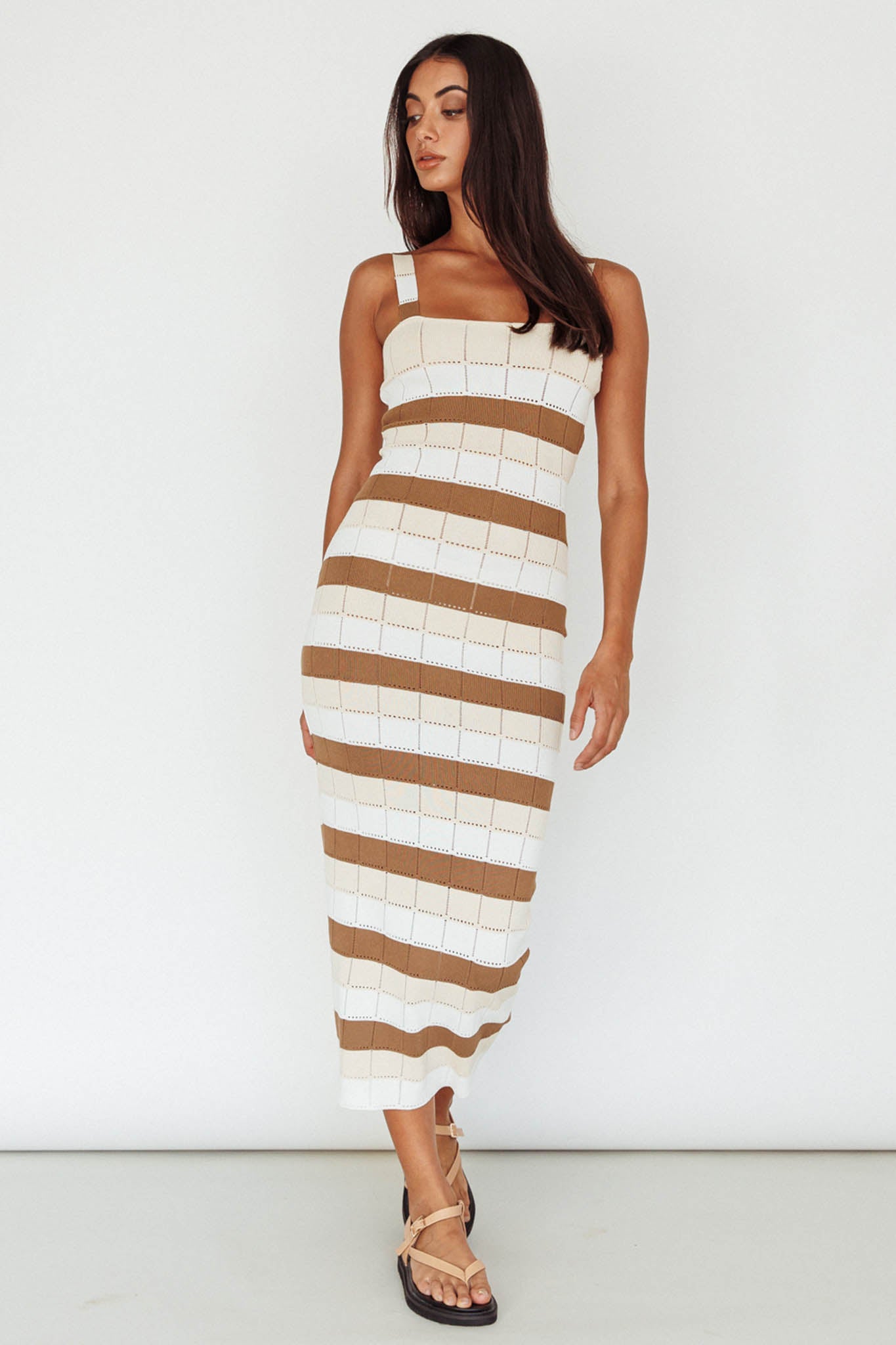 Chase The Sunrise Knit Midi Dress Striped Chocolate/White by Selfie Leslie