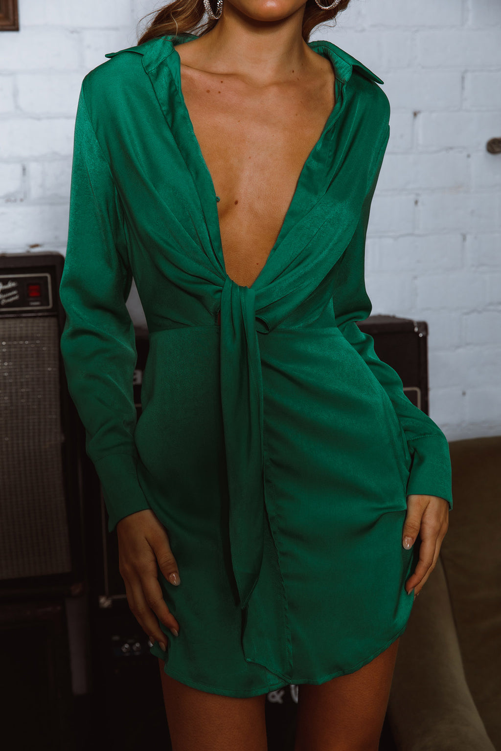 Marinah Tie Bust Shirt Dress Green by Selfie Leslie