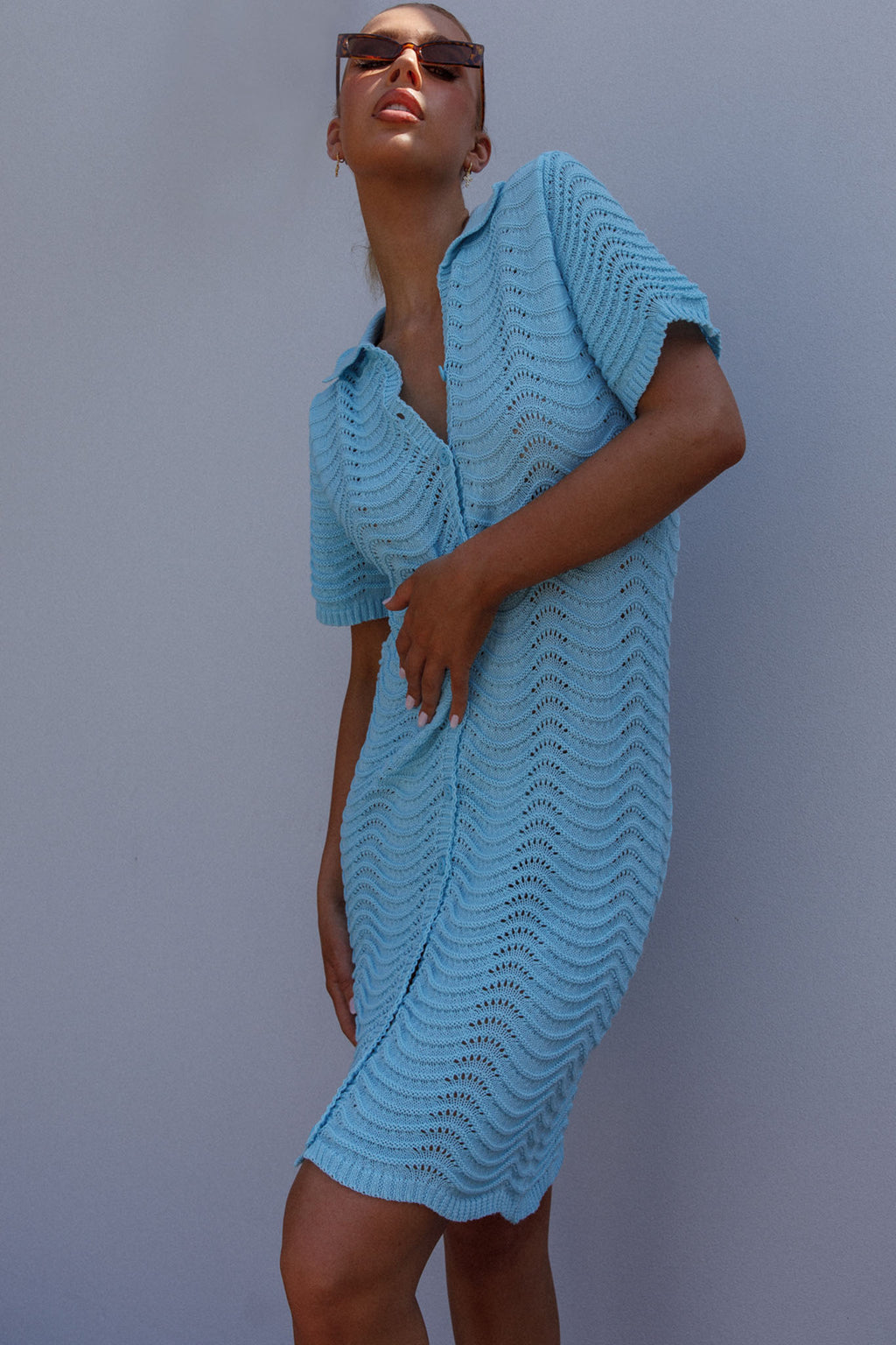 Glennon Crochet Shirt Dress Soft Blue by Selfie Leslie
