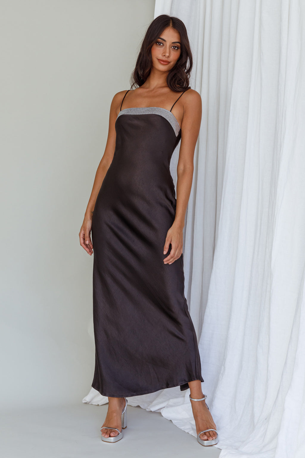 Making Headlines Diamante Neckline Maxi Dress Black by Selfie Leslie
