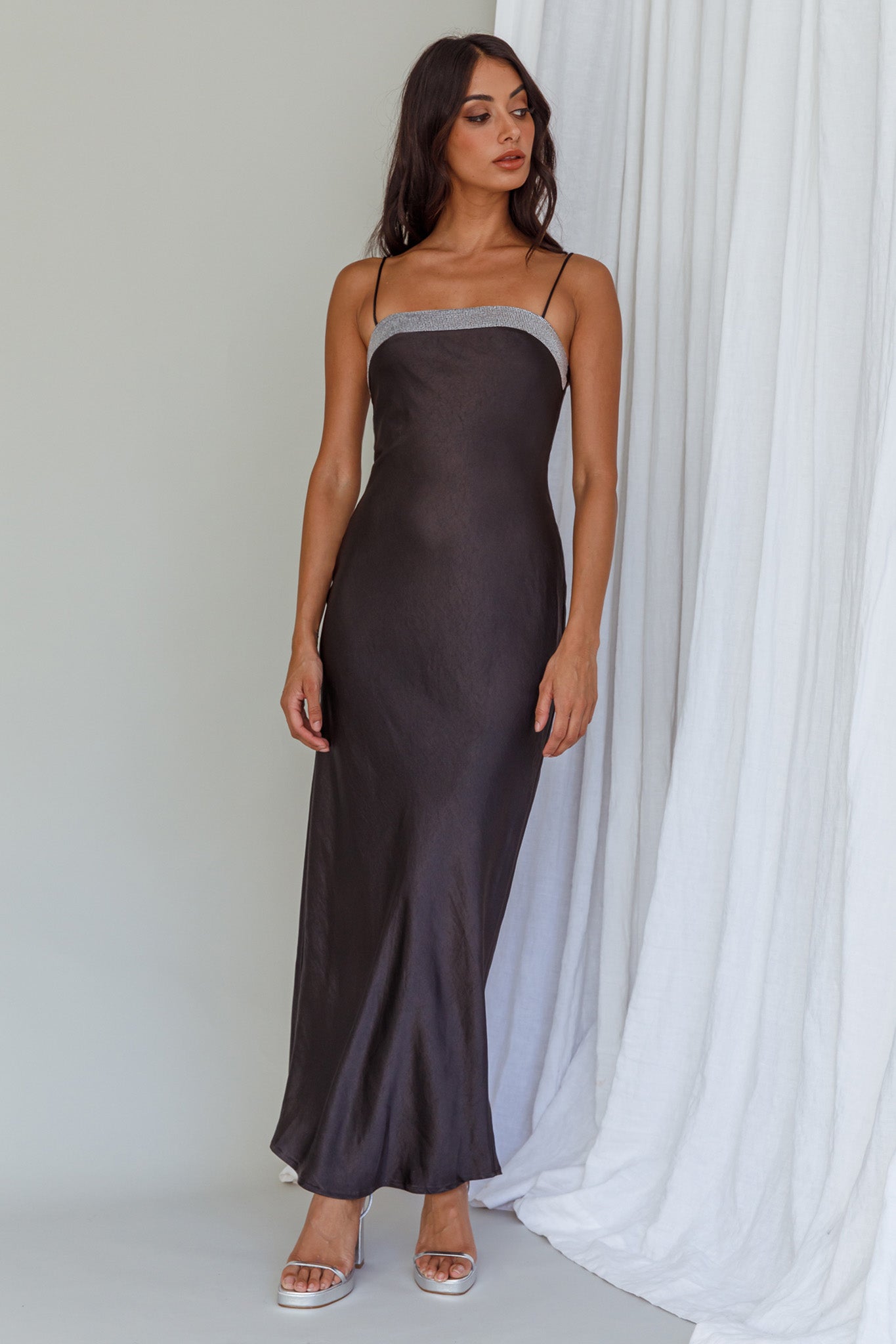 Making Headlines Diamante Neckline Maxi Dress Black by Selfie Leslie