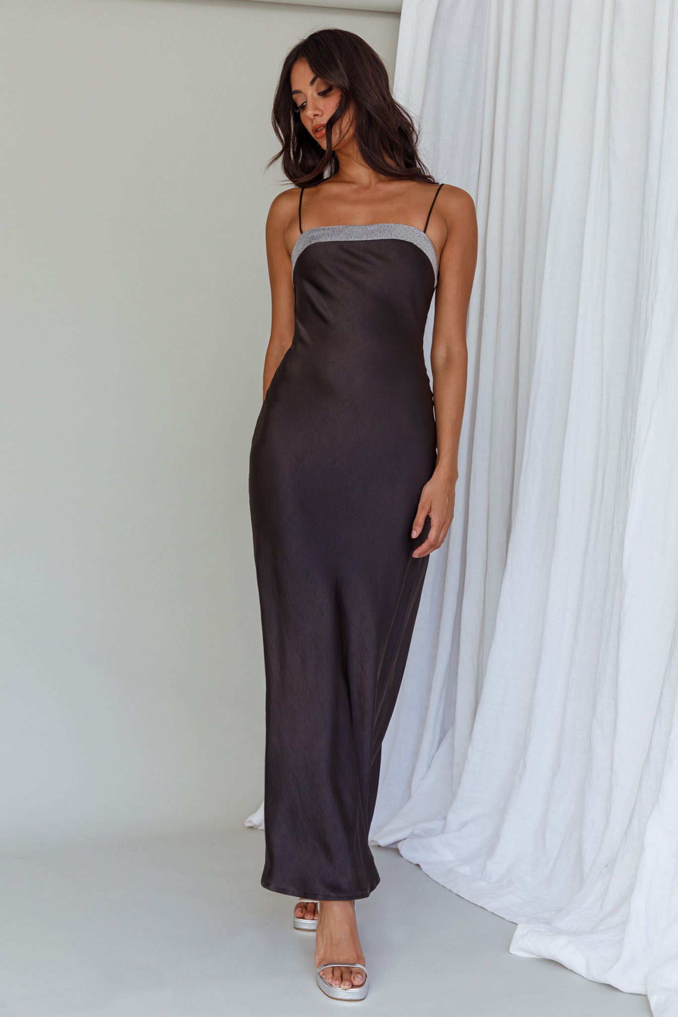 Making Headlines Diamante Neckline Maxi Dress Black by Selfie Leslie