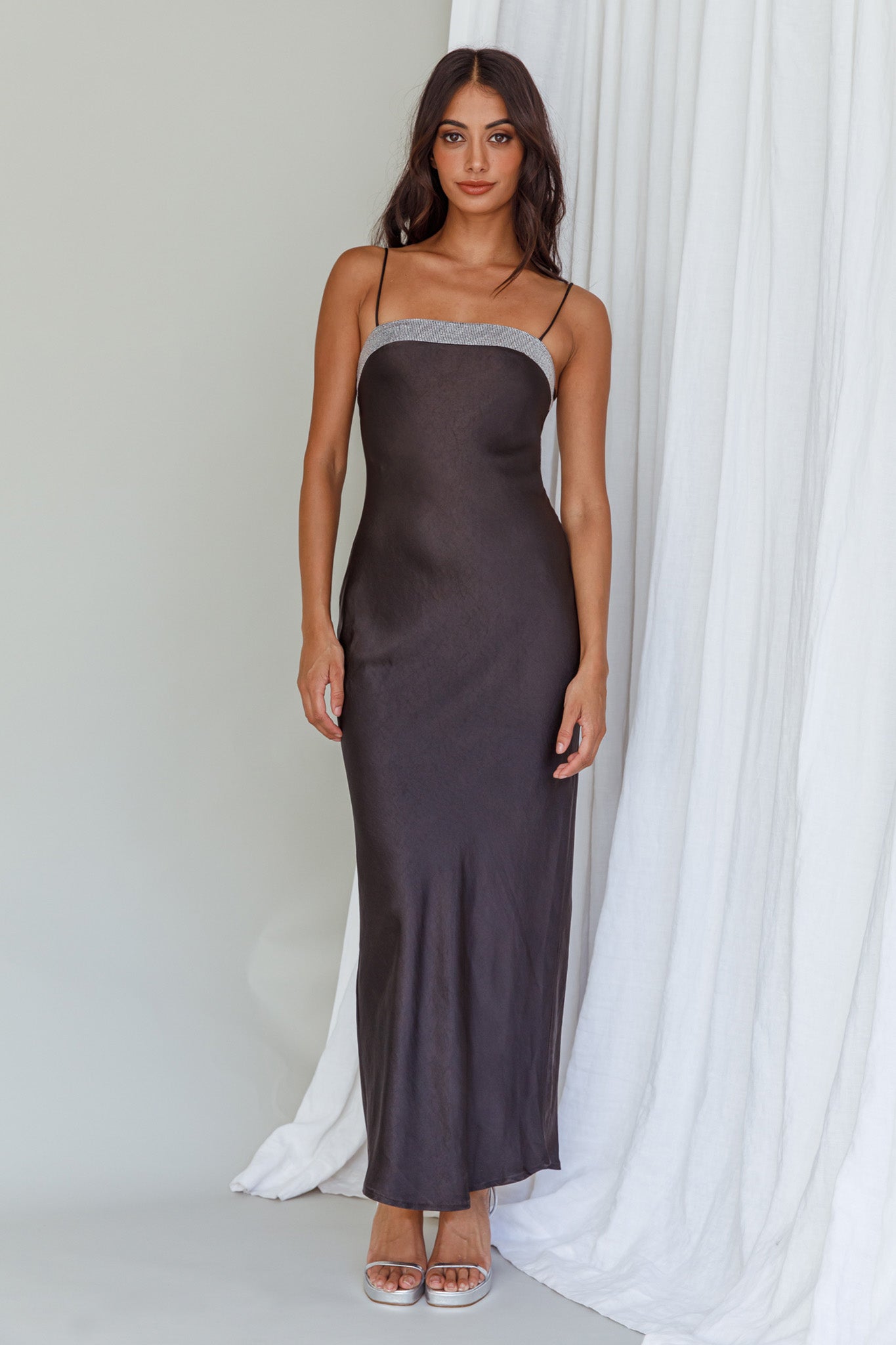 Making Headlines Diamante Neckline Maxi Dress Black by Selfie Leslie
