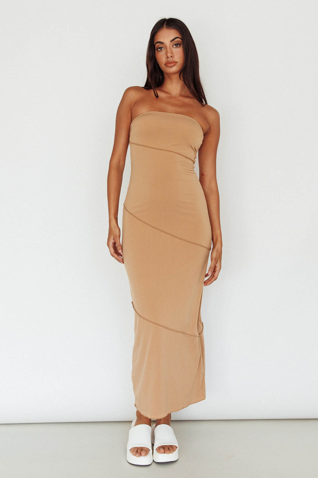 Making Headlines Strapless Midi Dress Camel by Selfie Leslie