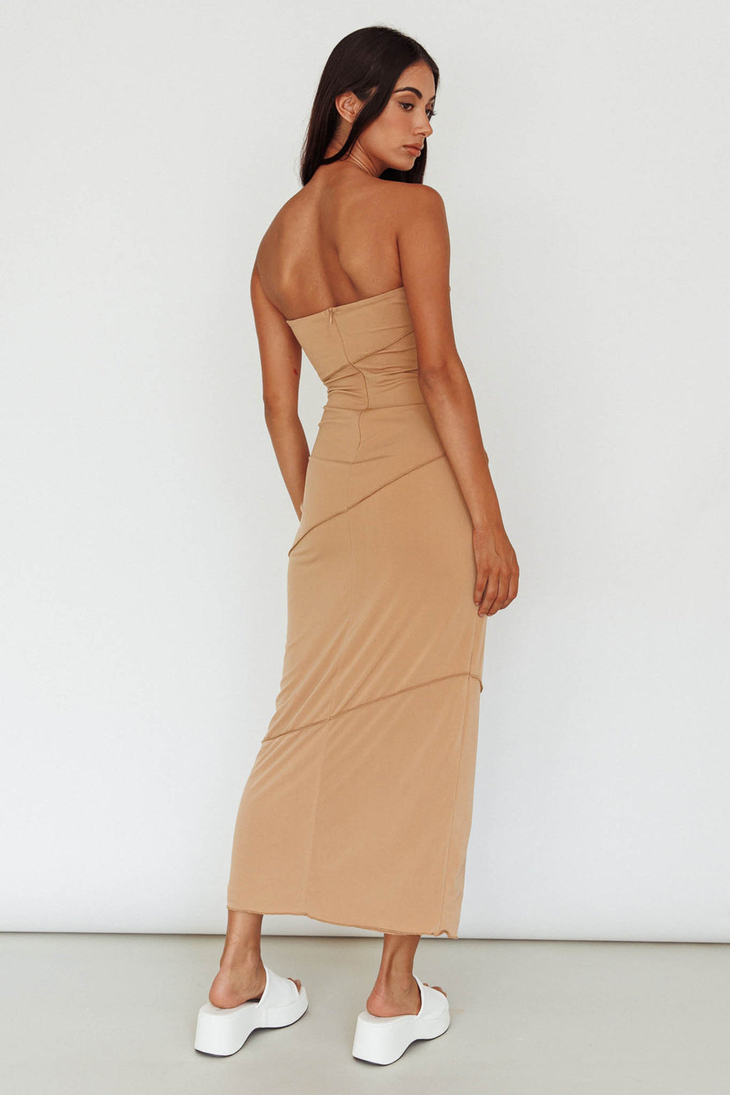 Making Headlines Strapless Midi Dress Camel by Selfie Leslie