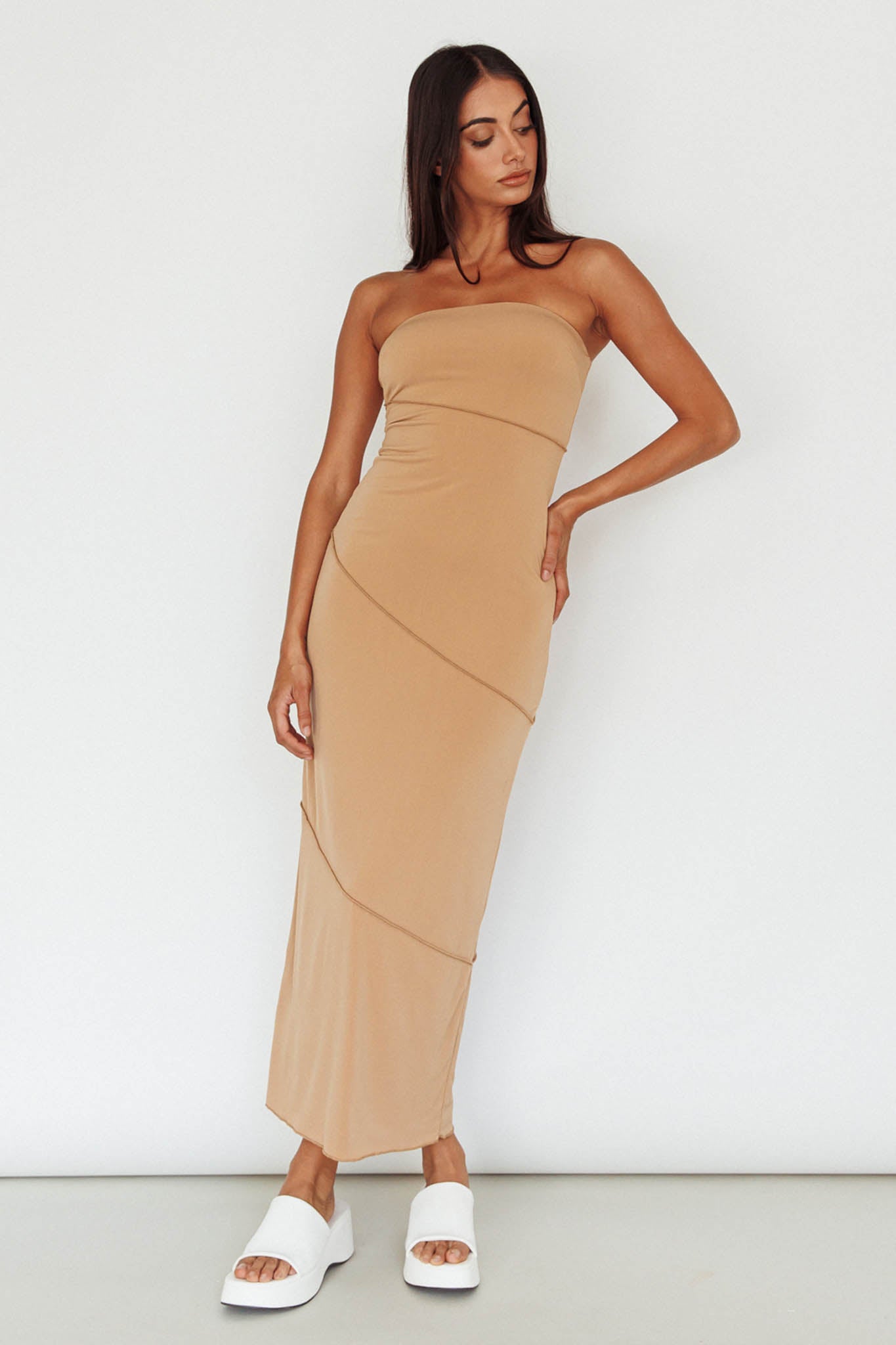 Making Headlines Strapless Midi Dress Camel by Selfie Leslie