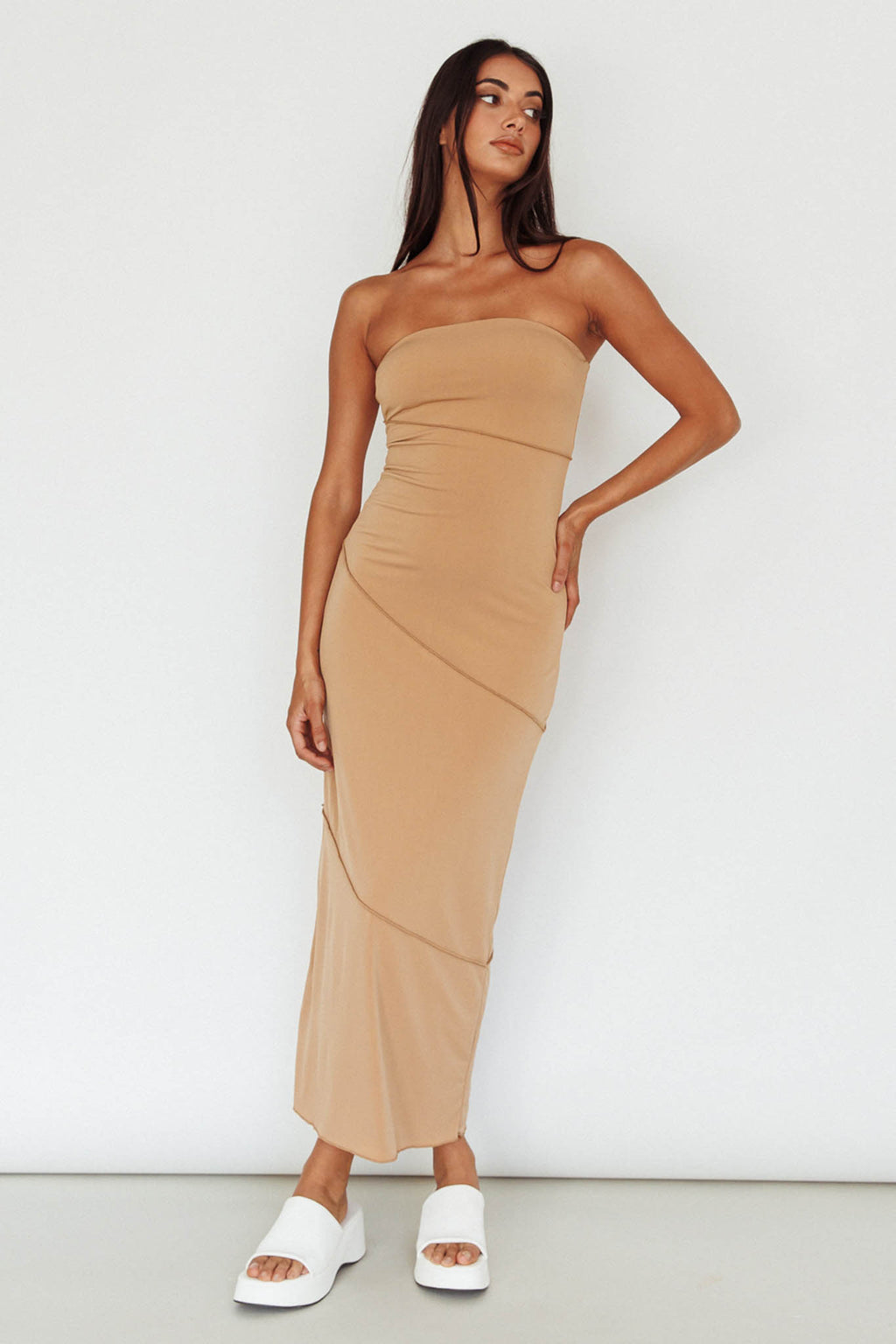 Making Headlines Strapless Midi Dress Camel by Selfie Leslie