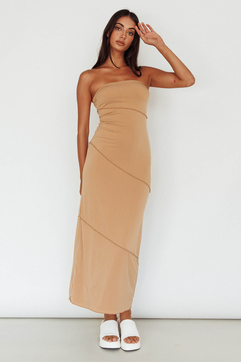 Making Headlines Strapless Midi Dress Camel by Selfie Leslie