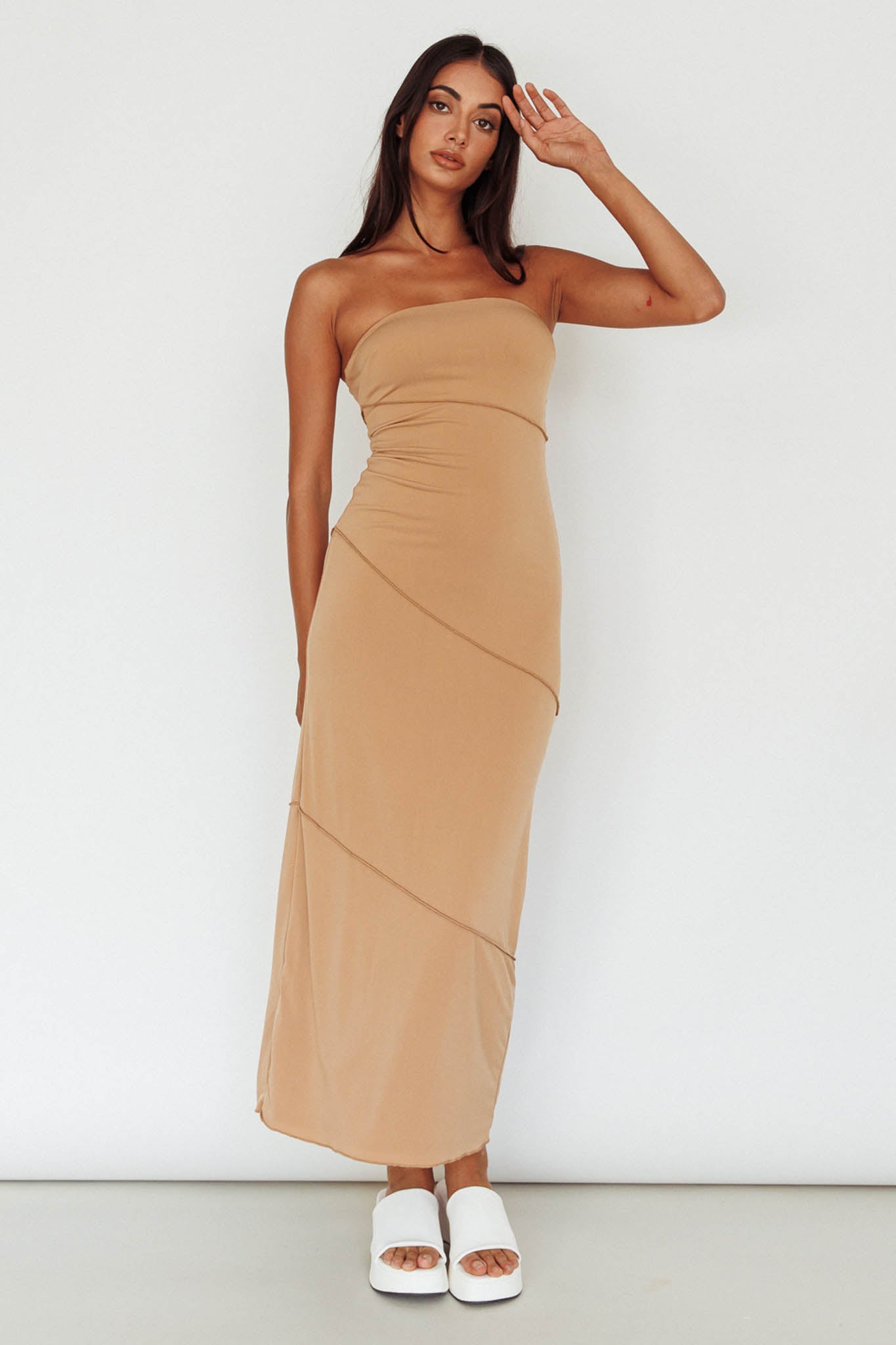 Making Headlines Strapless Midi Dress Camel by Selfie Leslie