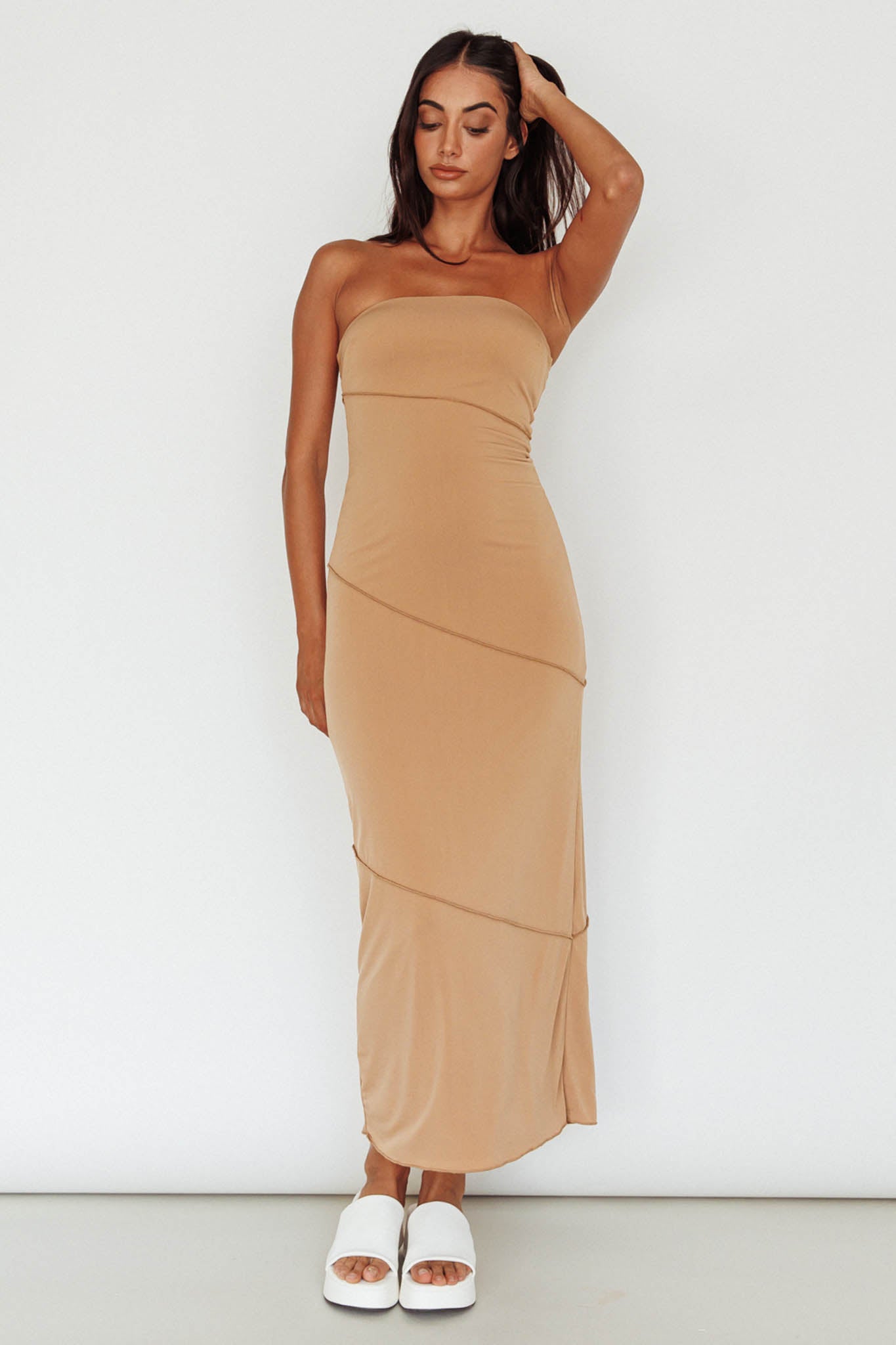 Making Headlines Strapless Midi Dress Camel by Selfie Leslie