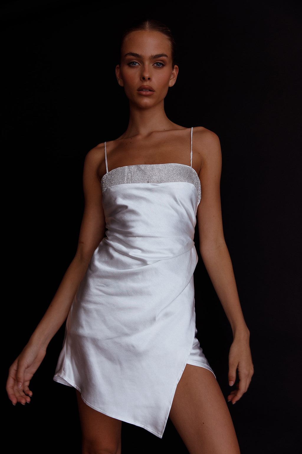 Making Headlines Diamante Neckline Mini Dress White by Selfie Leslie