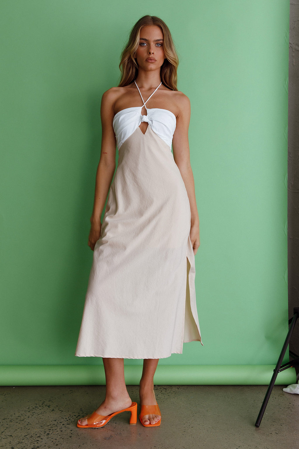 Prue Halterneck Midi Dress Beige by Selfie Leslie