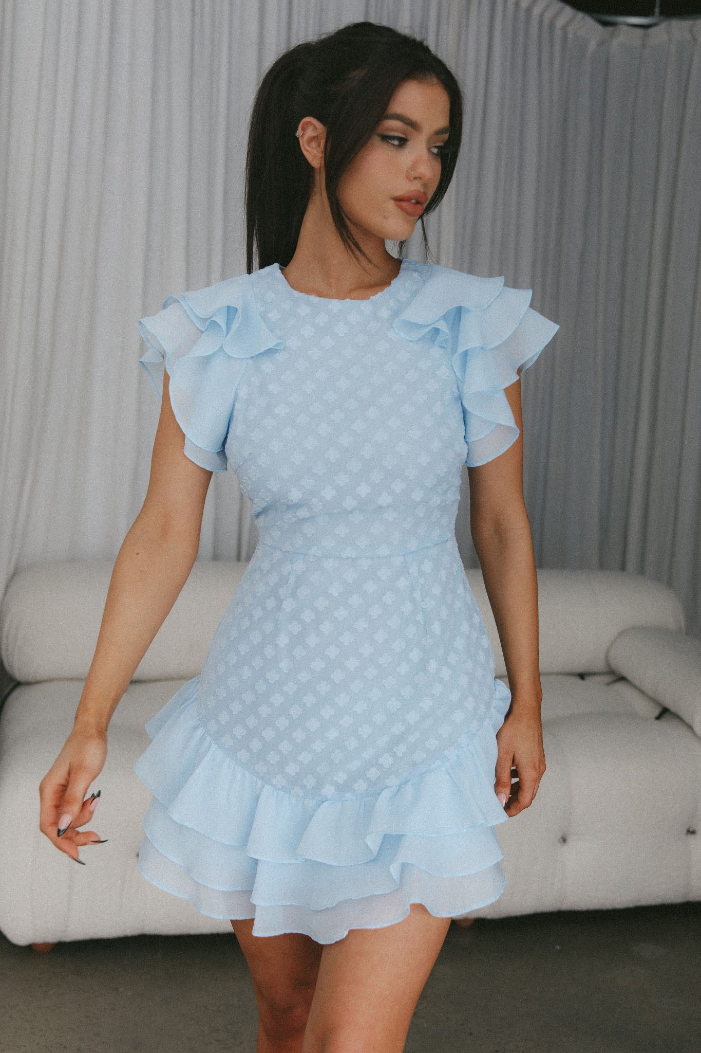 Destined To Be Ruffle Mini Dress Textured Blue by Selfie Leslie