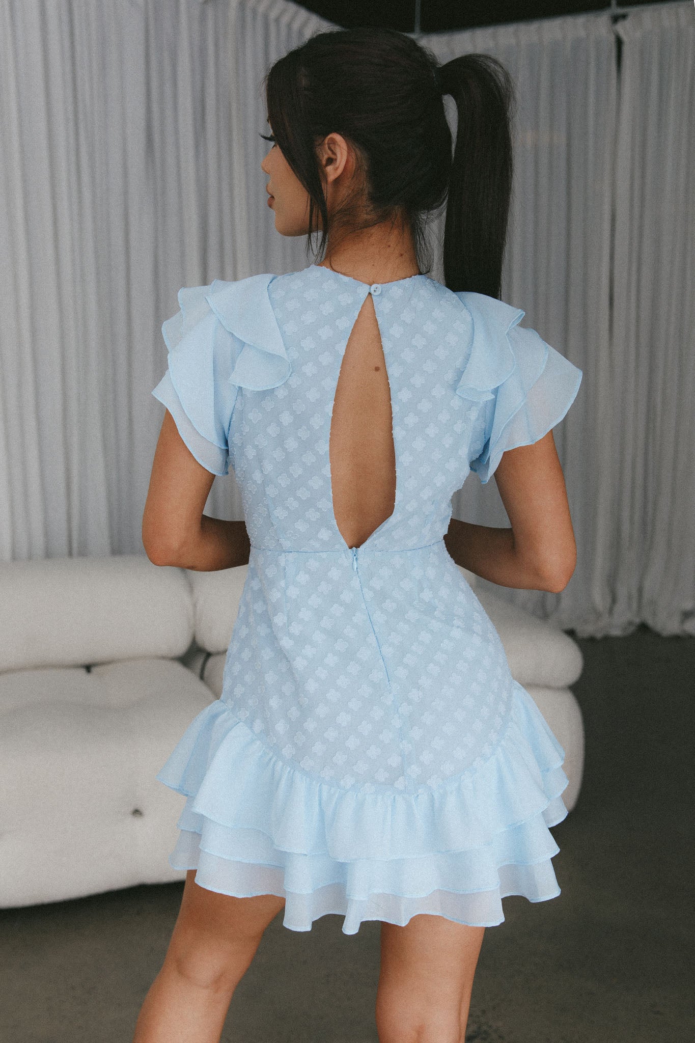 Destined To Be Ruffle Mini Dress Textured Blue by Selfie Leslie