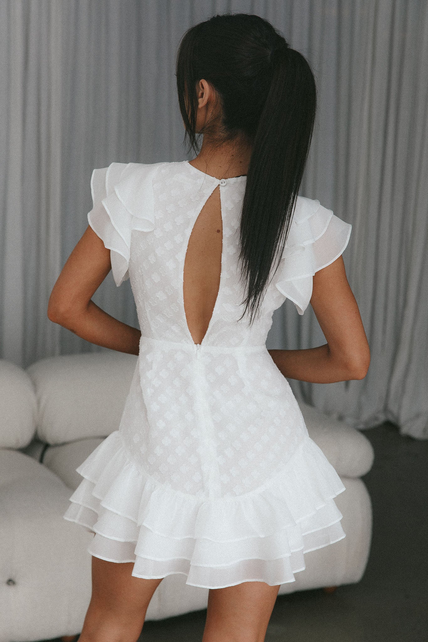 Destined To Be Ruffle Mini Dress Textured White by Selfie Leslie