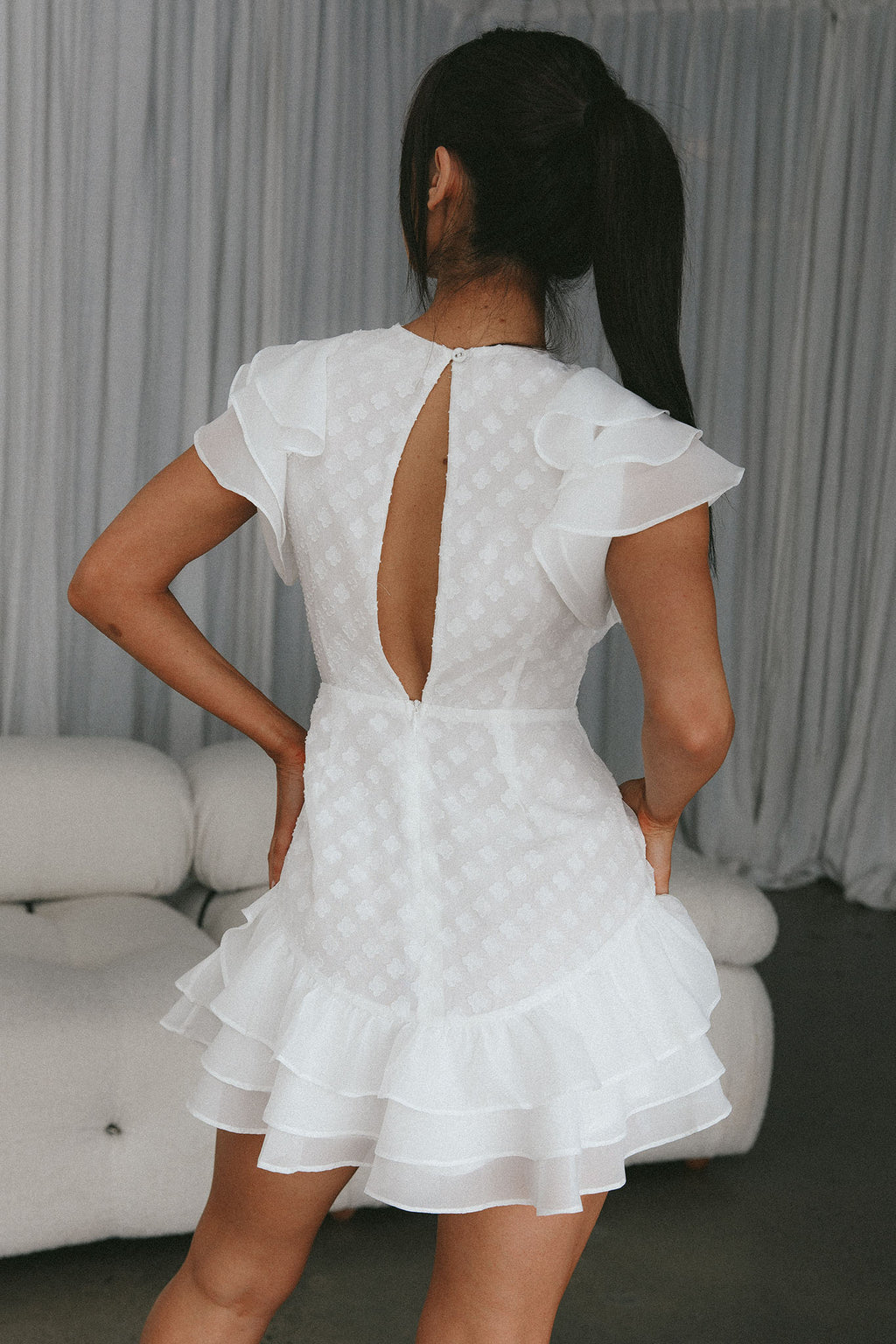 Destined To Be Ruffle Mini Dress Textured White by Selfie Leslie