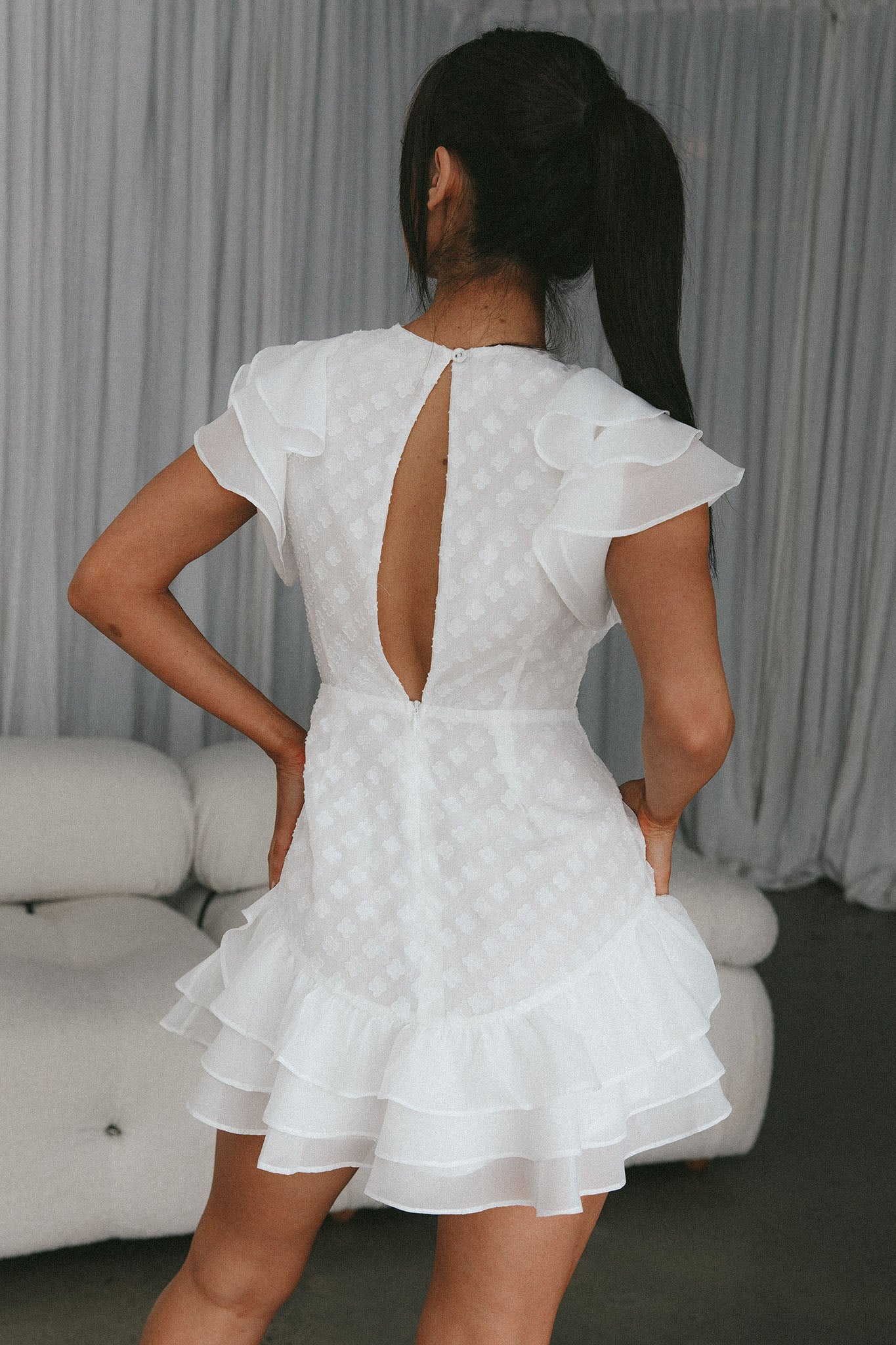 Destined To Be Ruffle Mini Dress Textured White by Selfie Leslie