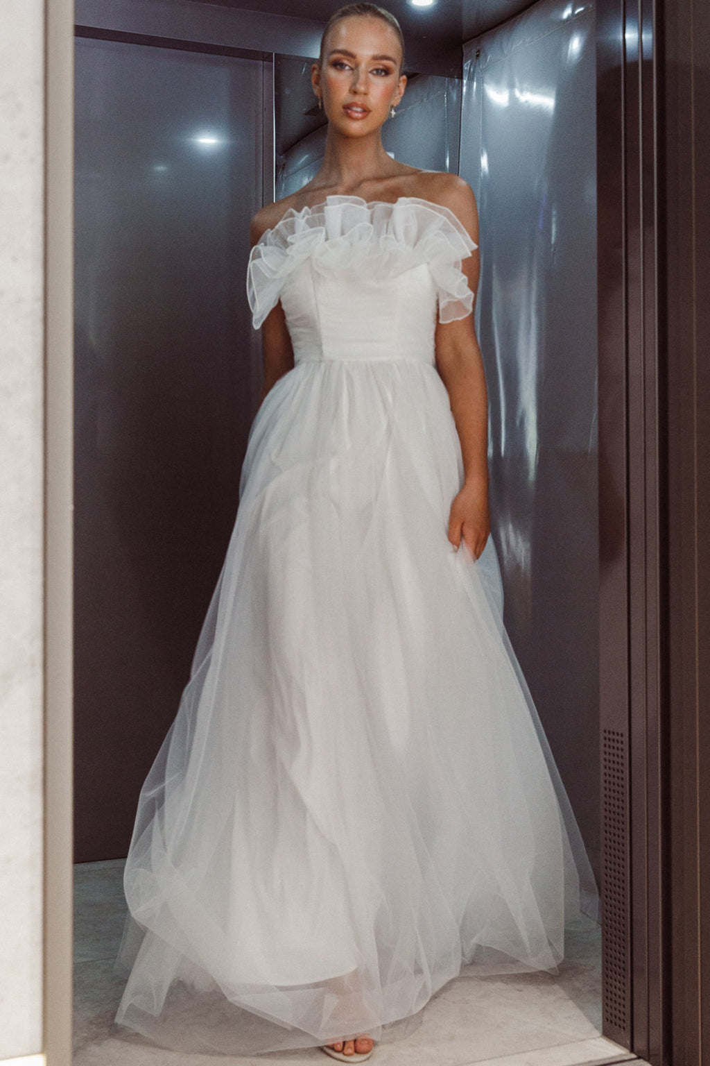 Marietha Organza Frill Maxi Dress White by Selfie Leslie