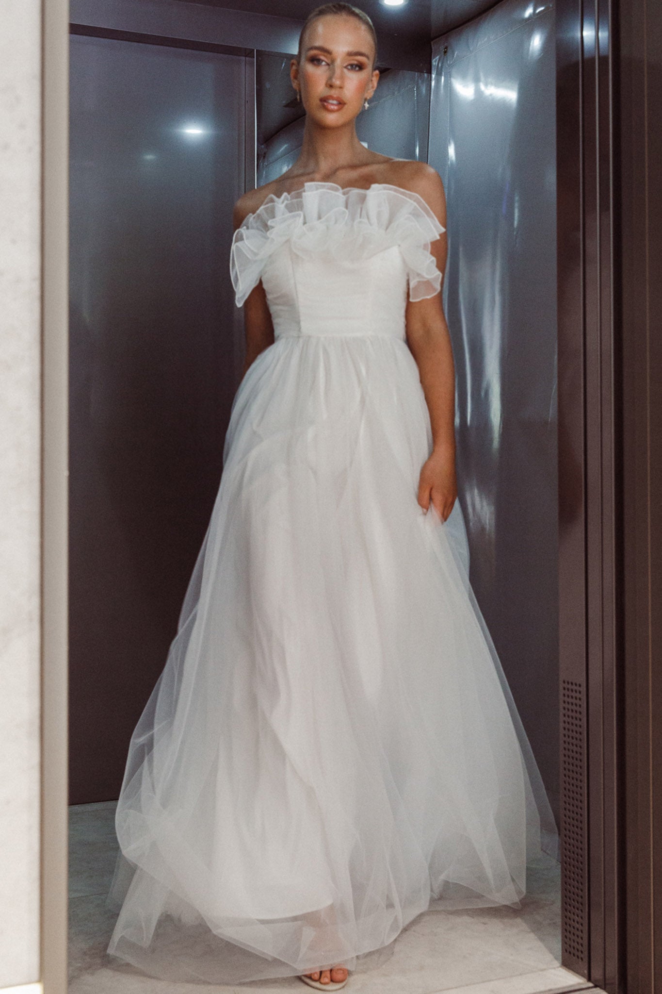 Marietha Organza Frill Maxi Dress White by Selfie Leslie