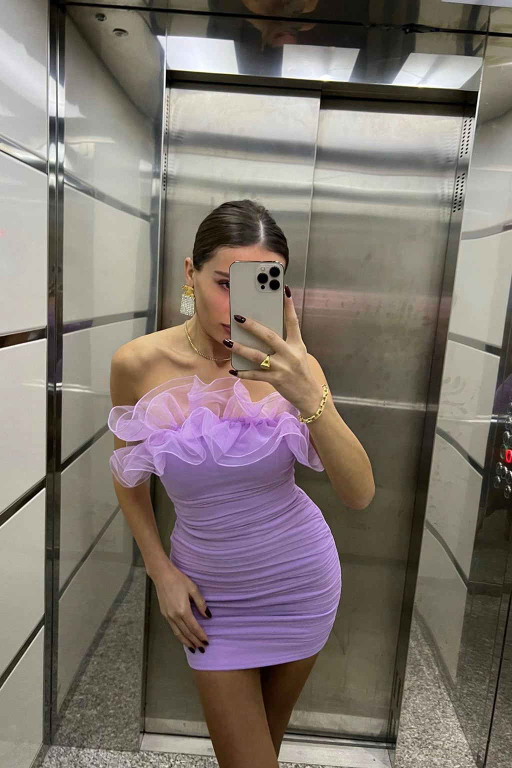 Marietha Organza Frill Neckline Dress Lilac by Selfie Leslie