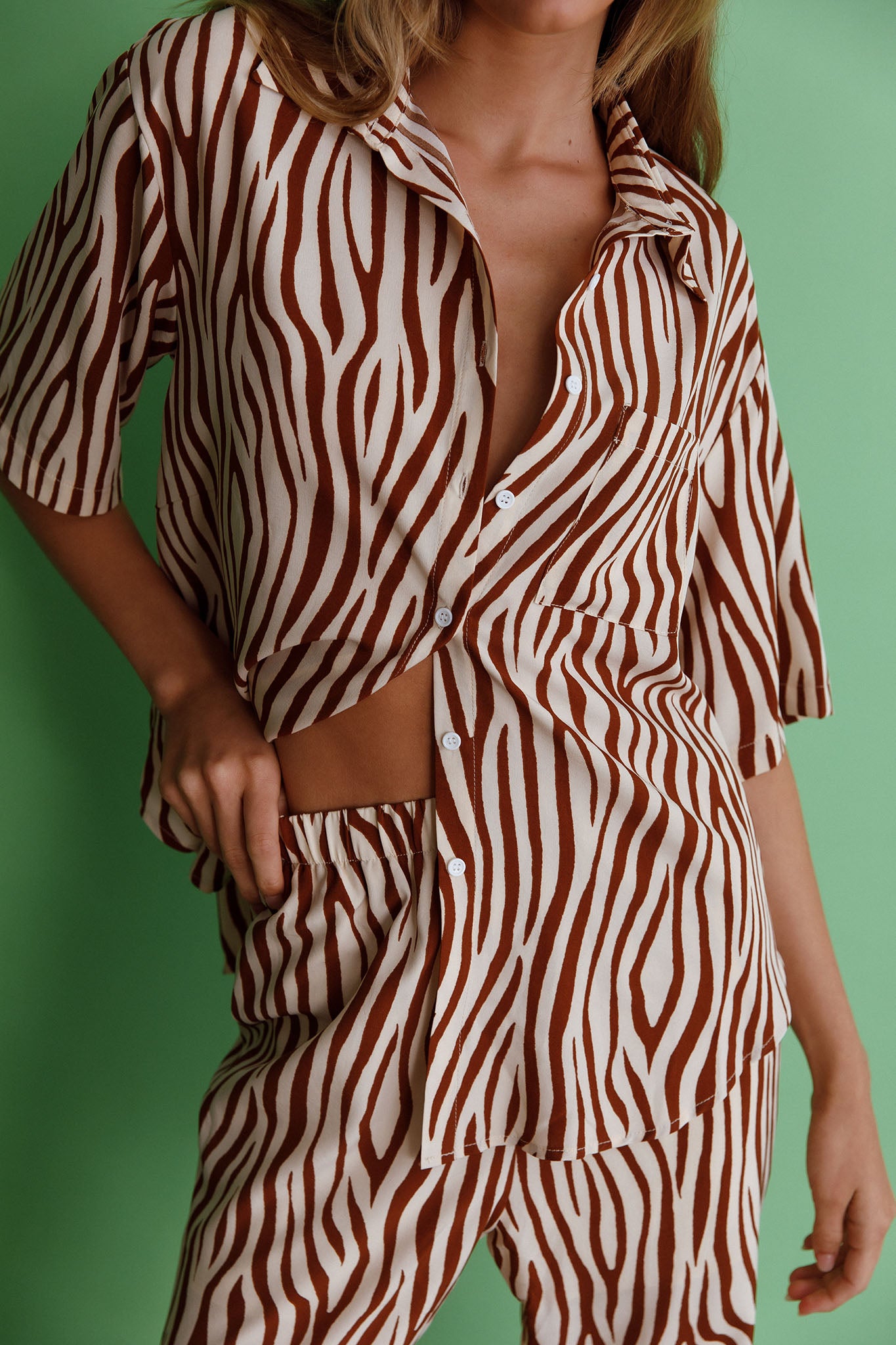 Just A Hunch Button Shirt Zebra Brown by Selfie Leslie