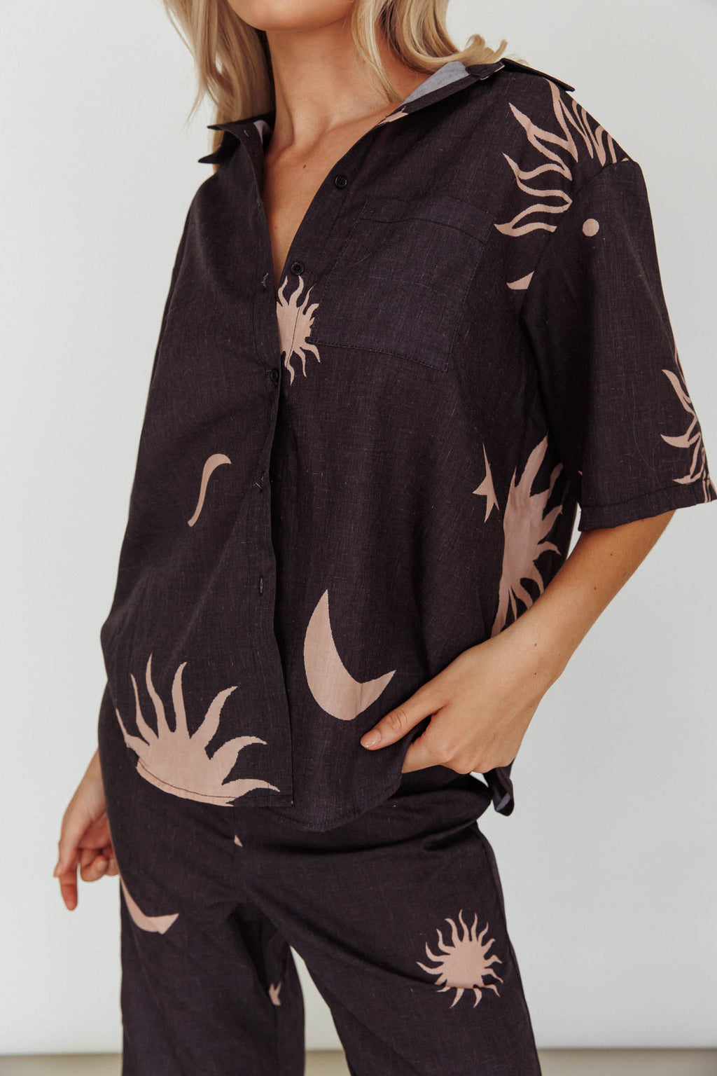 Just A Hunch Button Shirt Sun Moon Black by Selfie Leslie