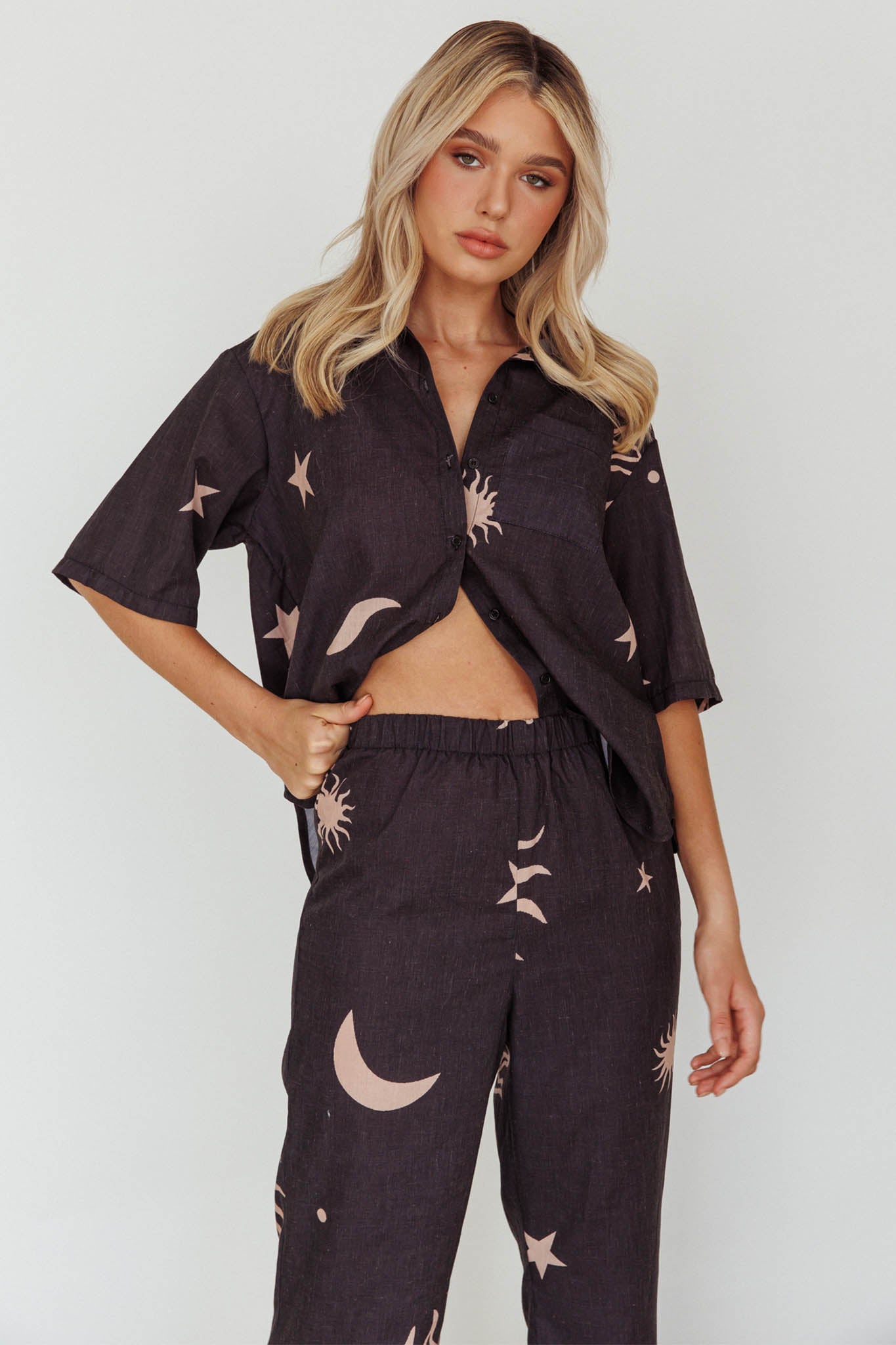 Just A Hunch Button Shirt Sun Moon Black by Selfie Leslie