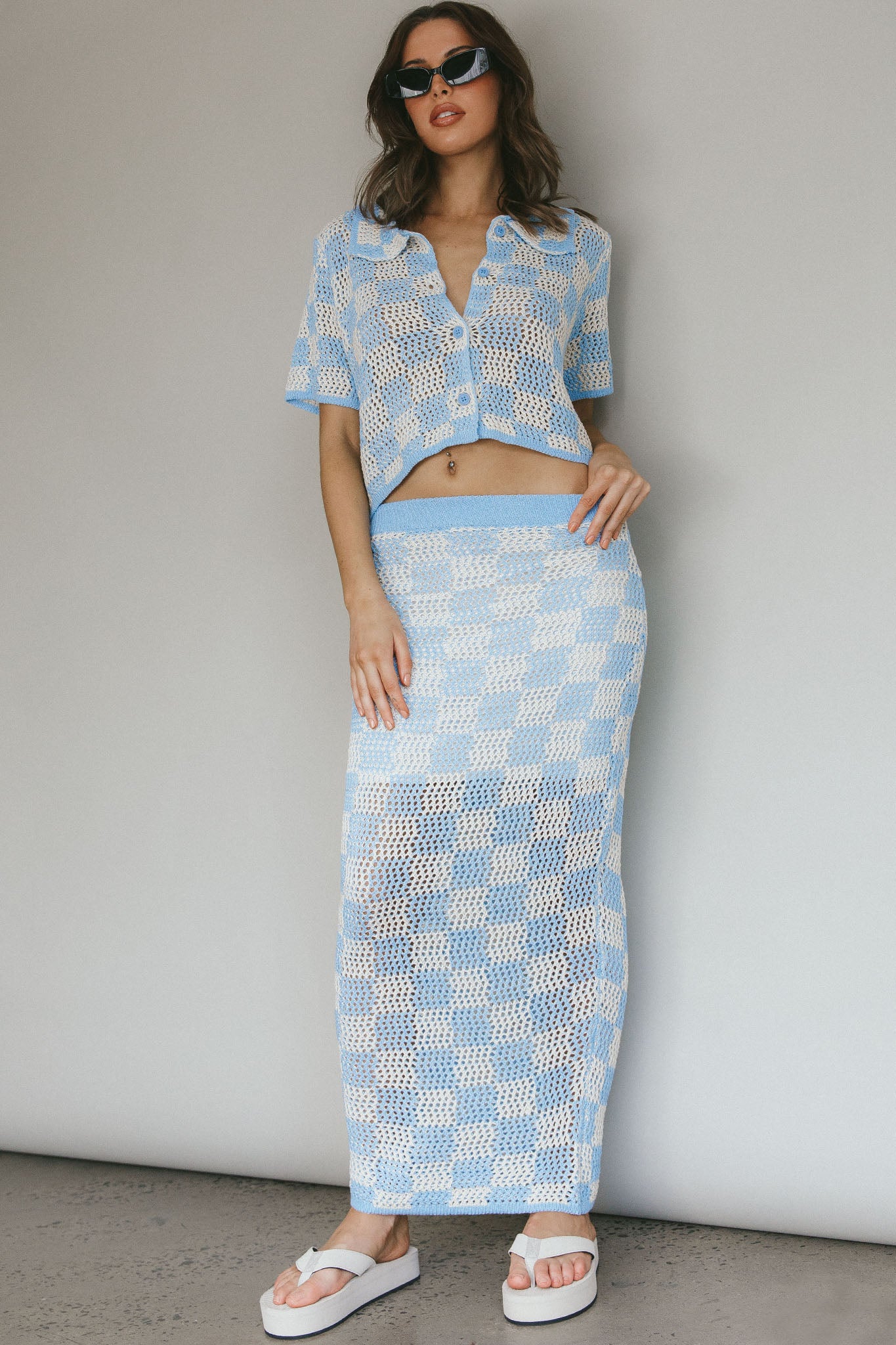 Byron Bay Crochet Buttoned Top Blue by Selfie Leslie