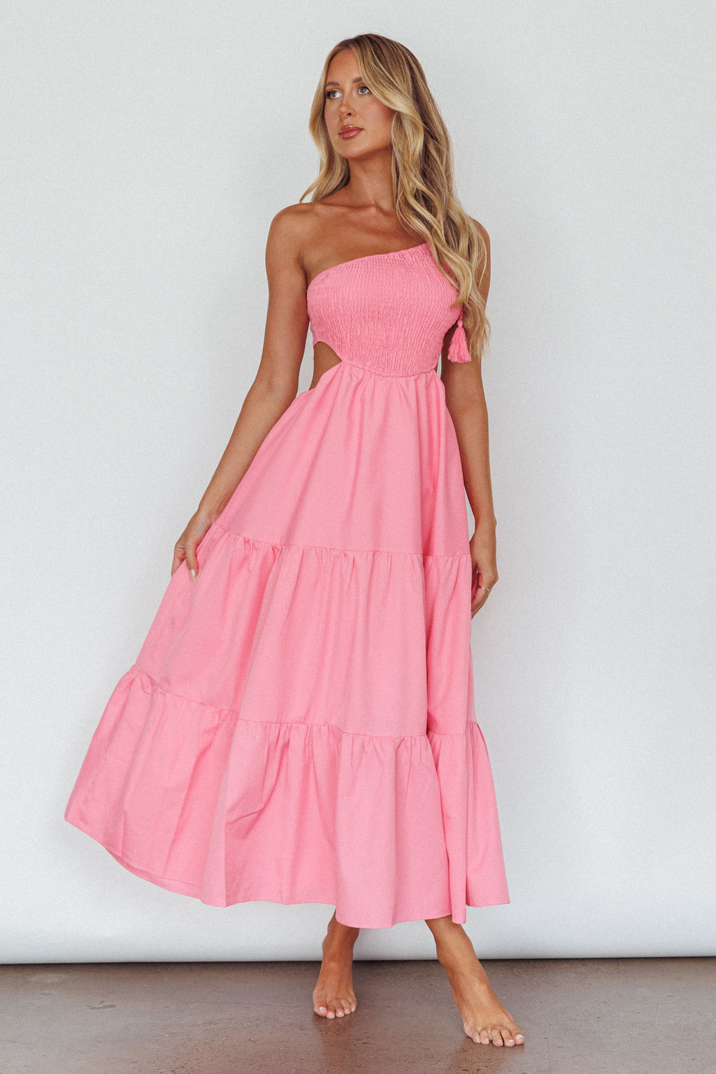 Tamzin Shirred Bodice Midi Dress Soft Pink by Selfie Leslie