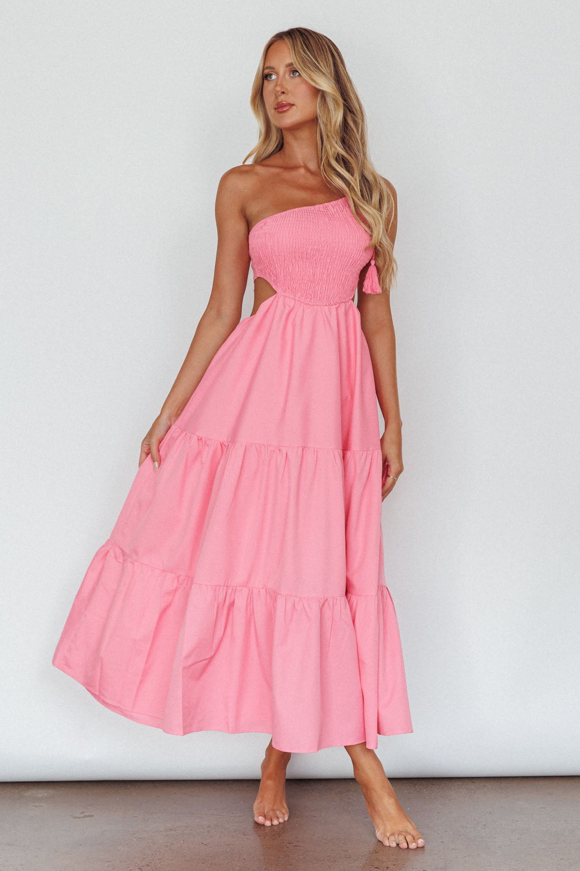 Tamzin Shirred Bodice Midi Dress Soft Pink by Selfie Leslie