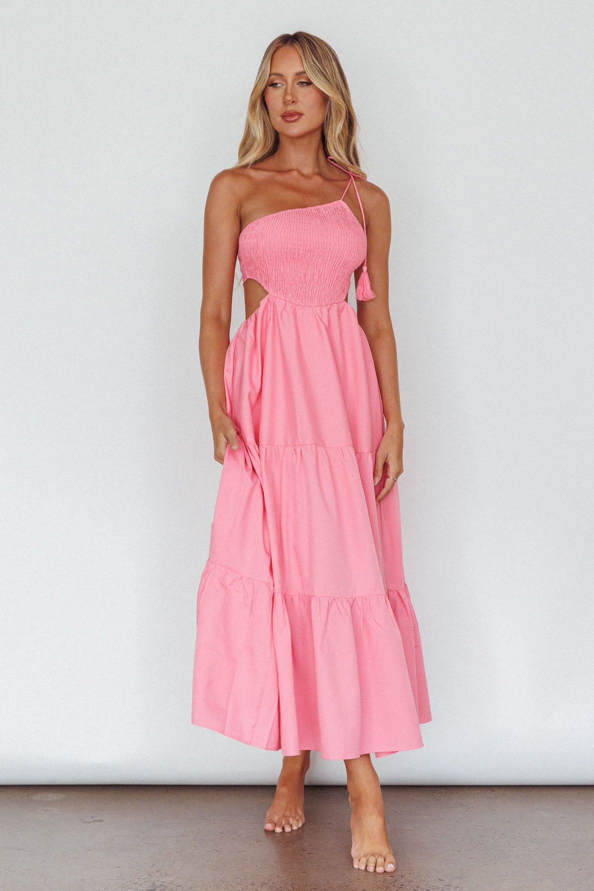 Tamzin Shirred Bodice Midi Dress Soft Pink by Selfie Leslie