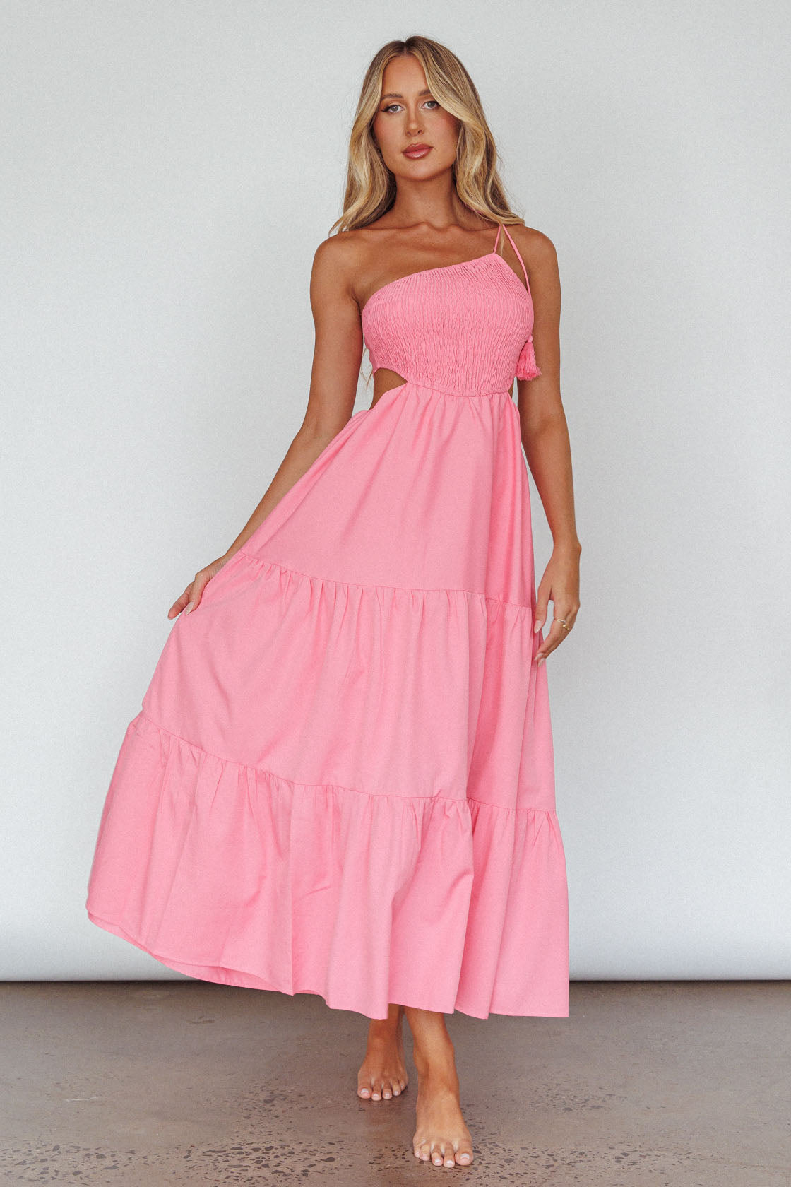Tamzin Shirred Bodice Midi Dress Soft Pink by Selfie Leslie