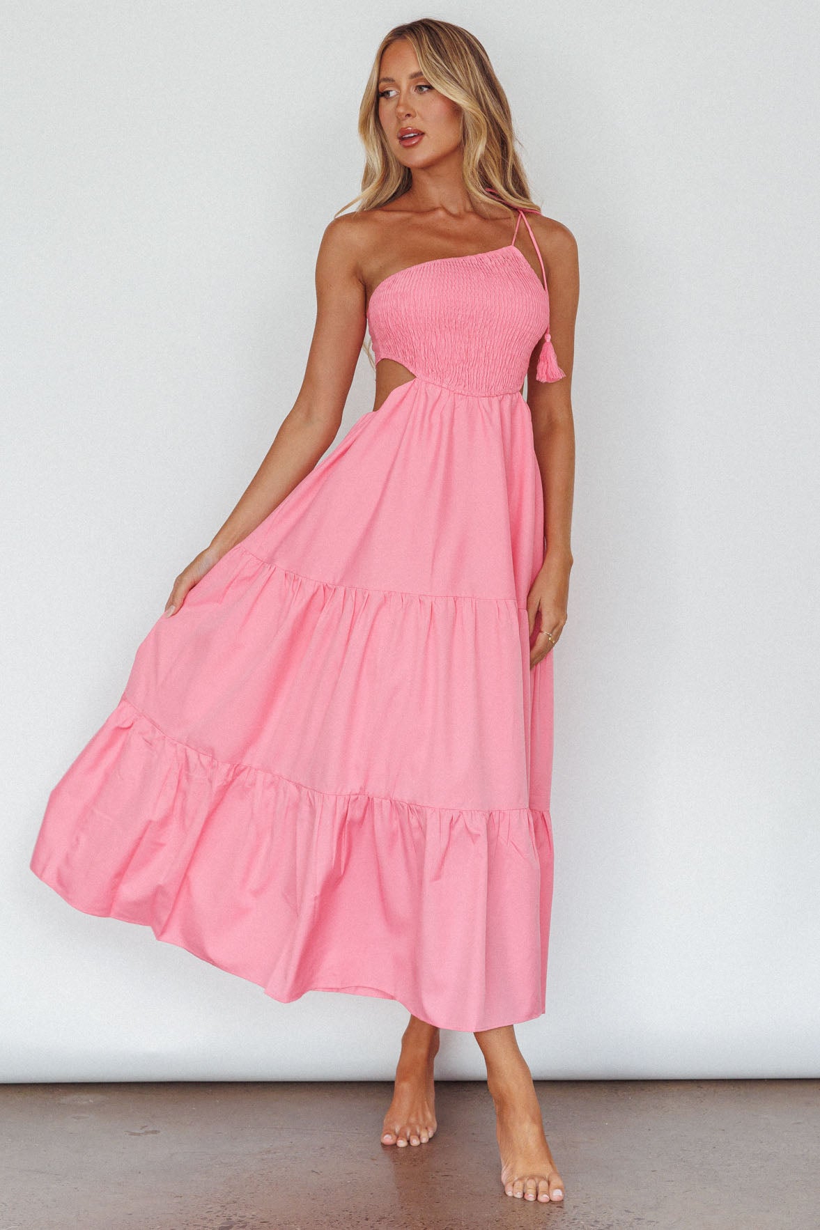 Tamzin Shirred Bodice Midi Dress Soft Pink by Selfie Leslie