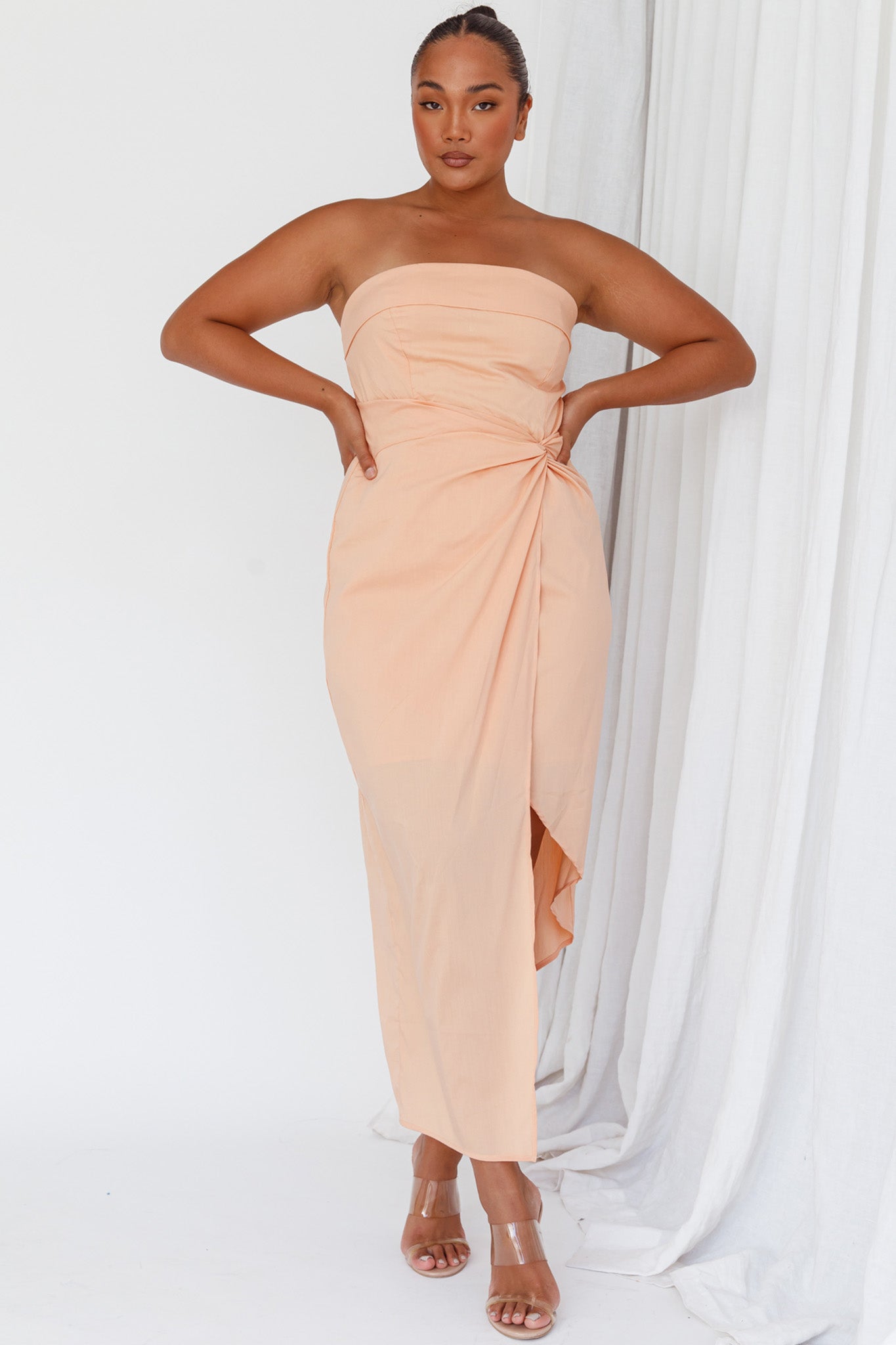 Last Looks Strapless Wrap Midi Dress Peach by Selfie Leslie