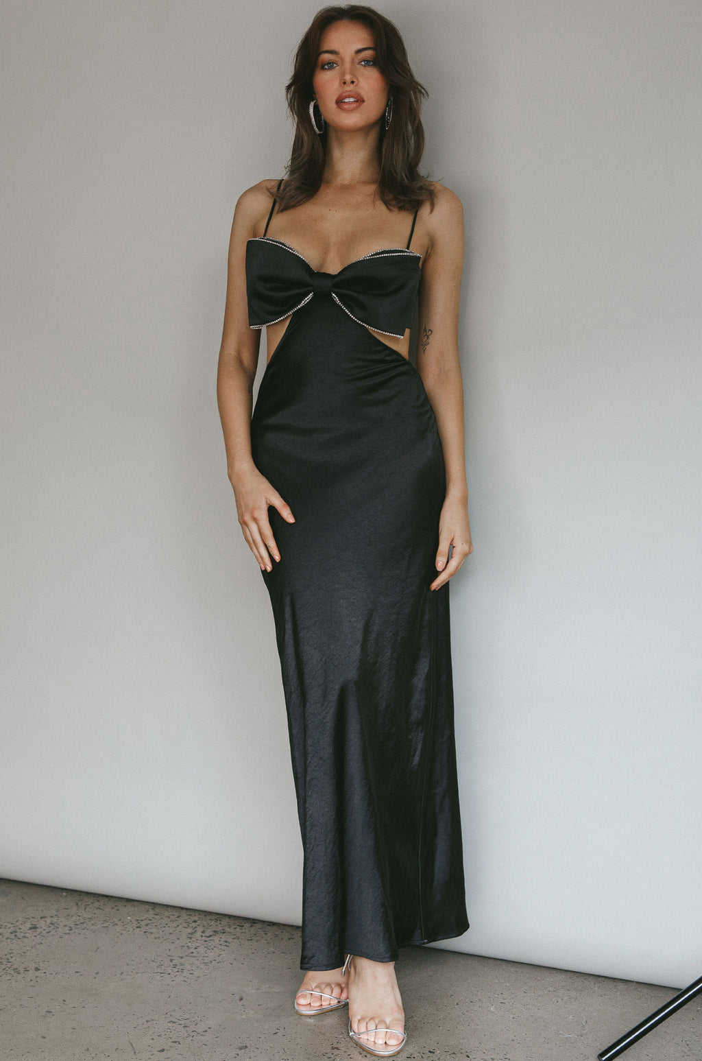 Aurelia Diamante Bow Maxi Dress Black by Selfie Leslie