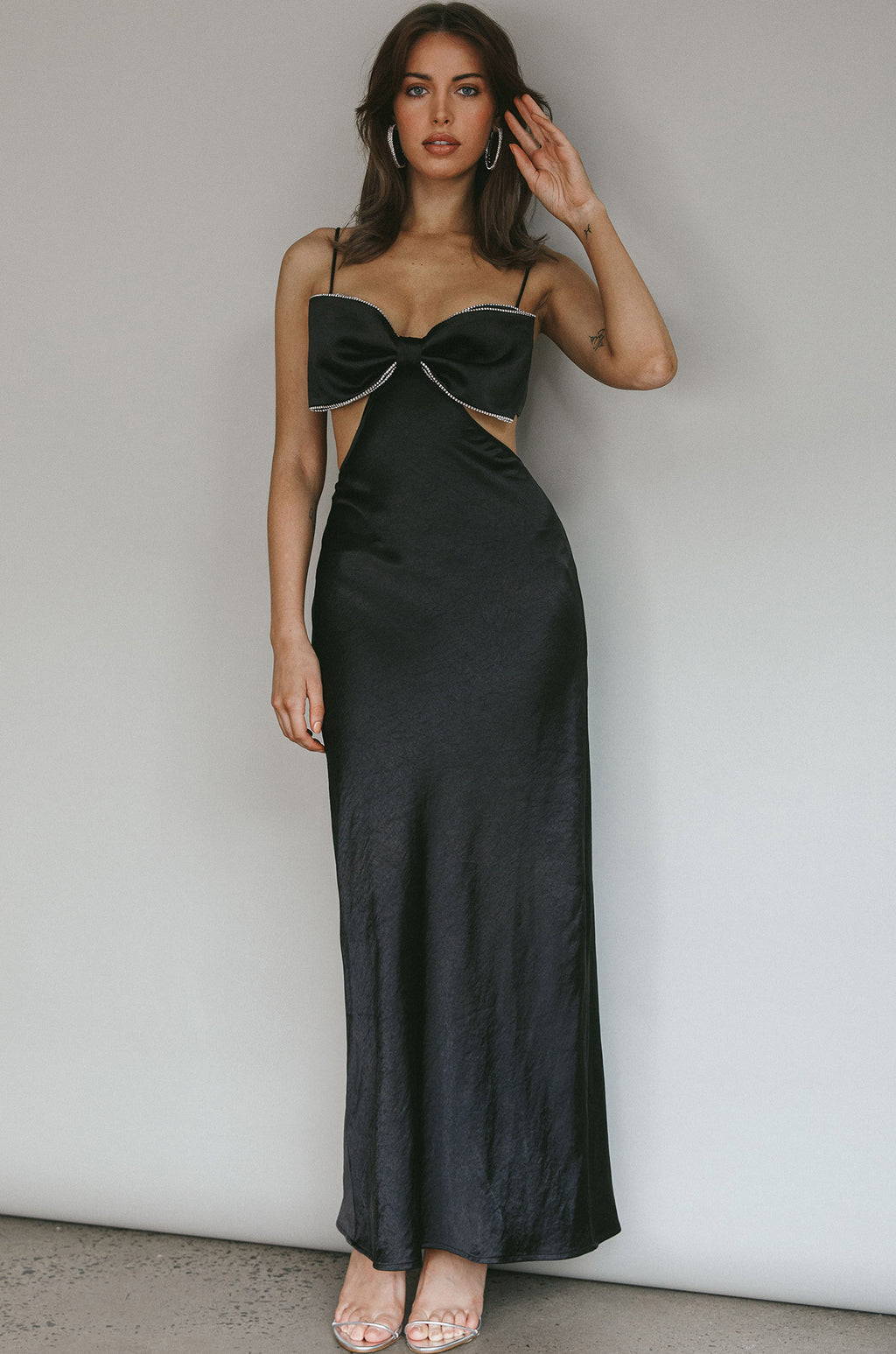 Aurelia Diamante Bow Maxi Dress Black by Selfie Leslie