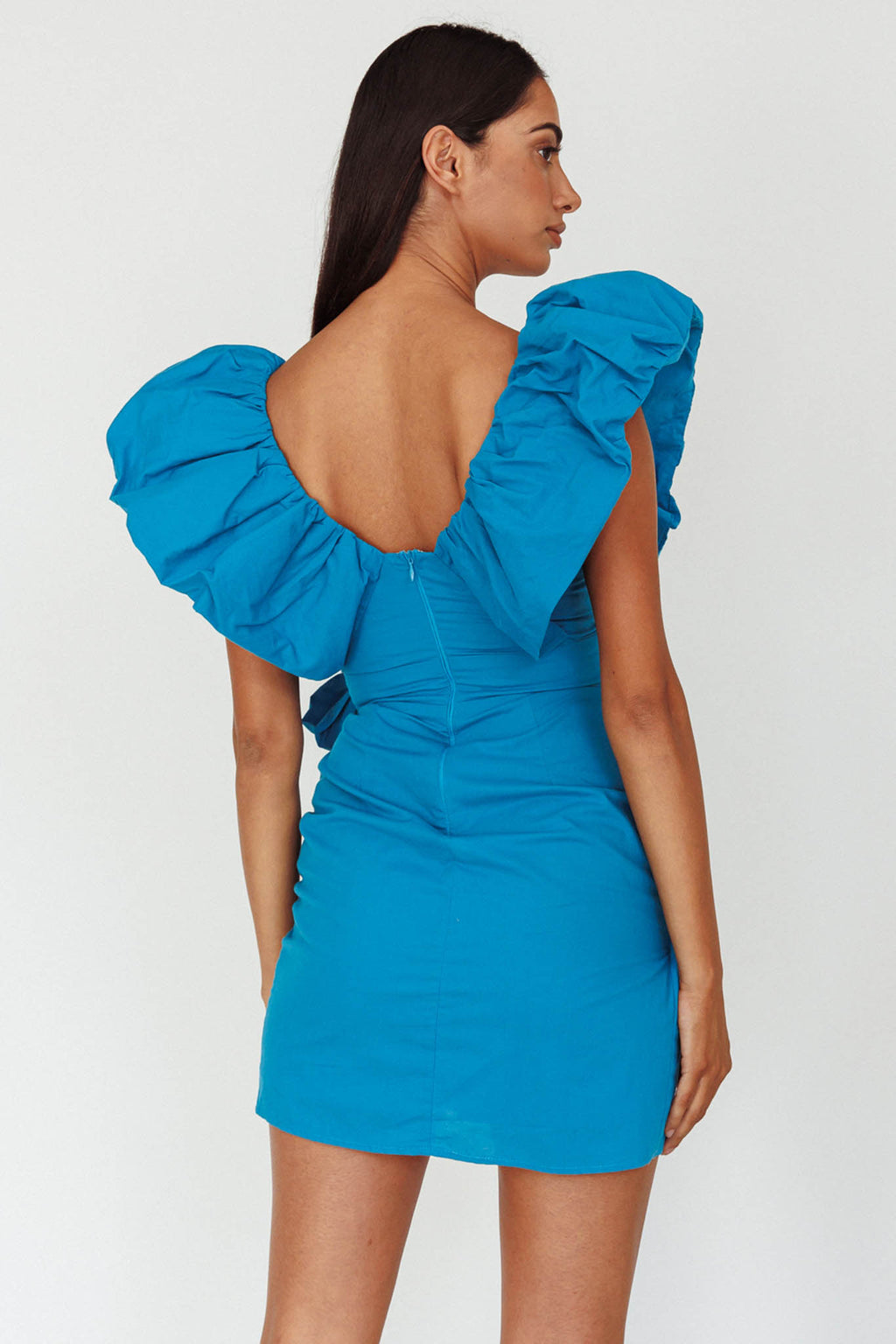 Kahlo Puffed Ruffle Neckline Mini Dress Blue by Selfie Leslie