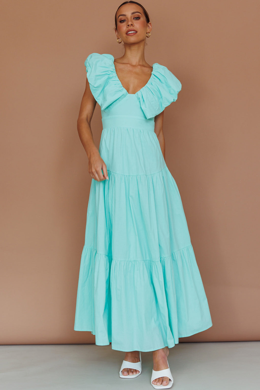 Kahlo Puffed Ruffle Neckline Maxi Dress Mint by Selfie Leslie
