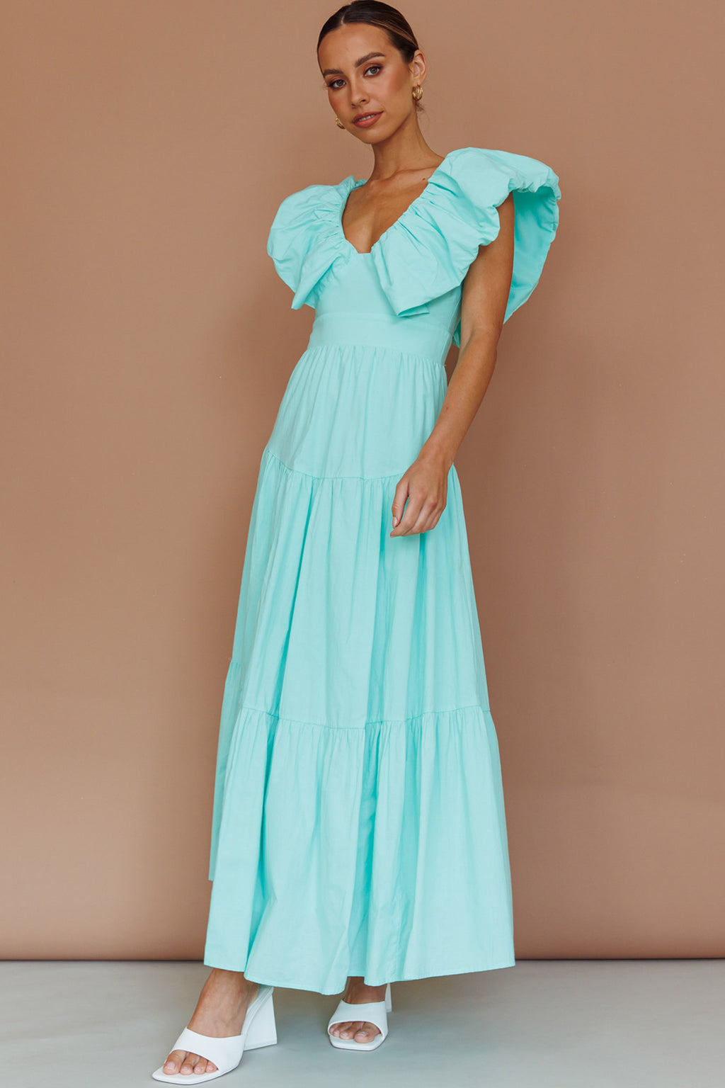 Kahlo Puffed Ruffle Neckline Maxi Dress Mint by Selfie Leslie
