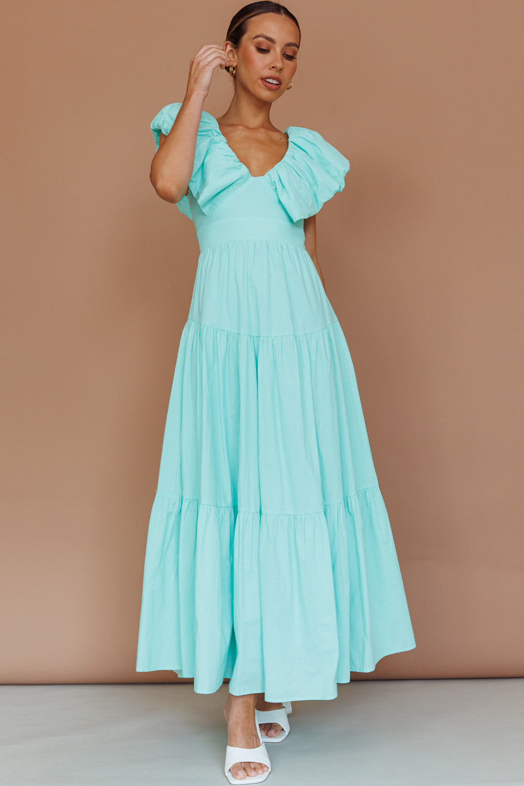 Kahlo Puffed Ruffle Neckline Maxi Dress Mint by Selfie Leslie