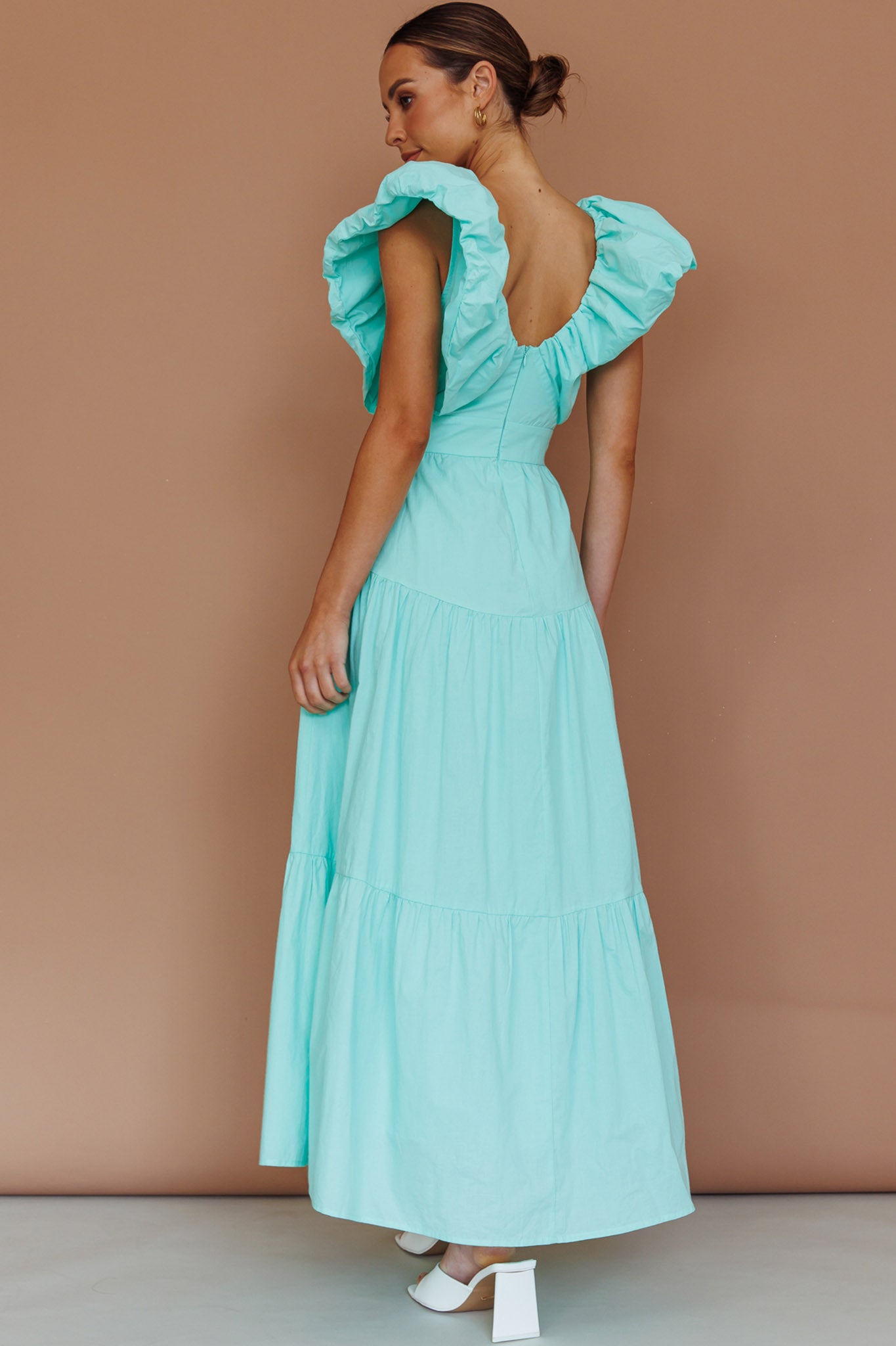 Kahlo Puffed Ruffle Neckline Maxi Dress Mint by Selfie Leslie