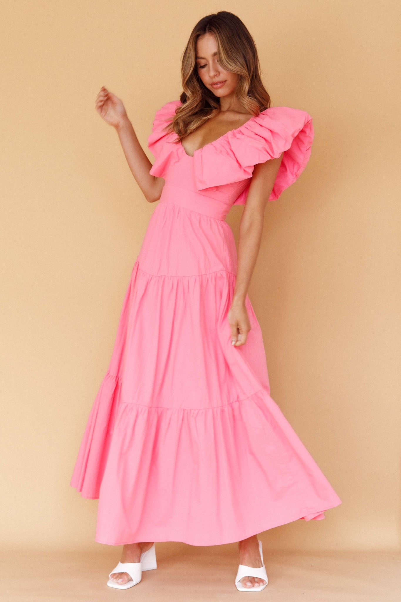 Shop the Kahlo Puffed Ruffle Neckline Maxi Dress Soft Pink